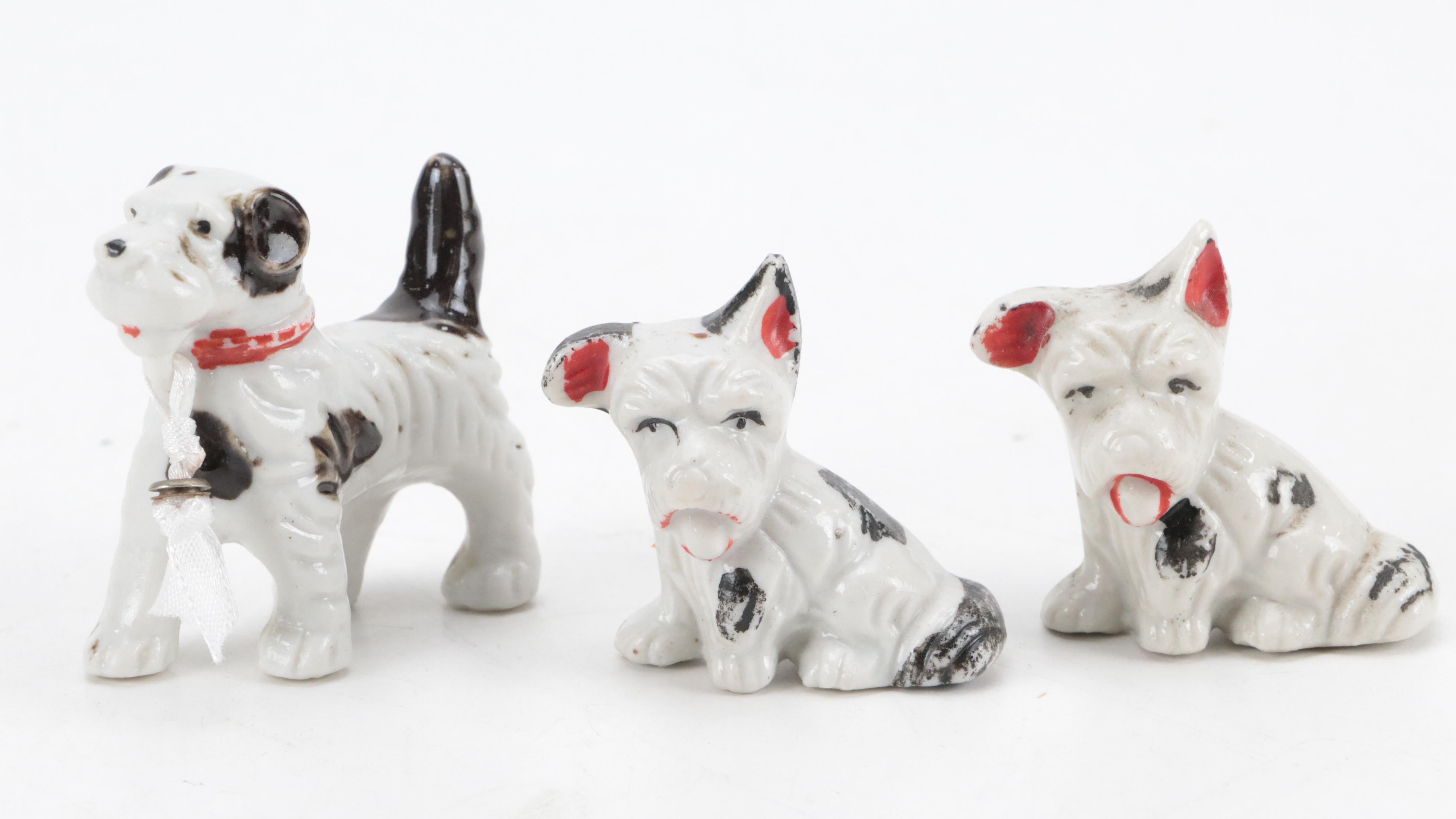 Blown Glass Dog Figurine with Japanese Ceramic Dog and Cow Figurines