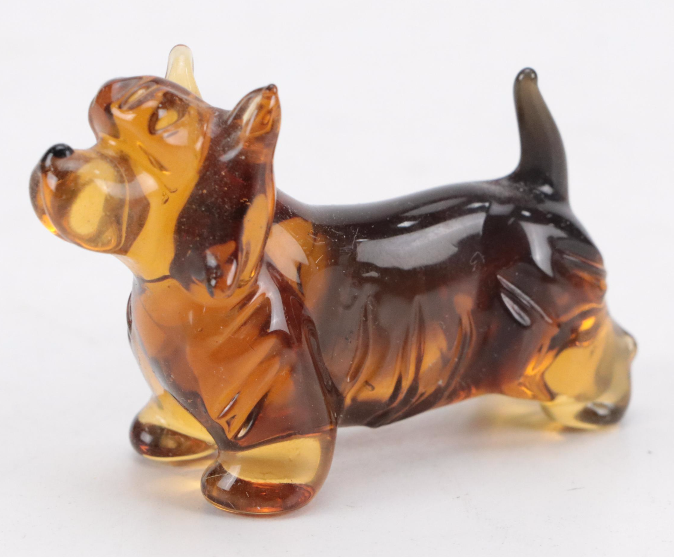 Blown Glass Dog Figurine with Japanese Ceramic Dog and Cow Figurines