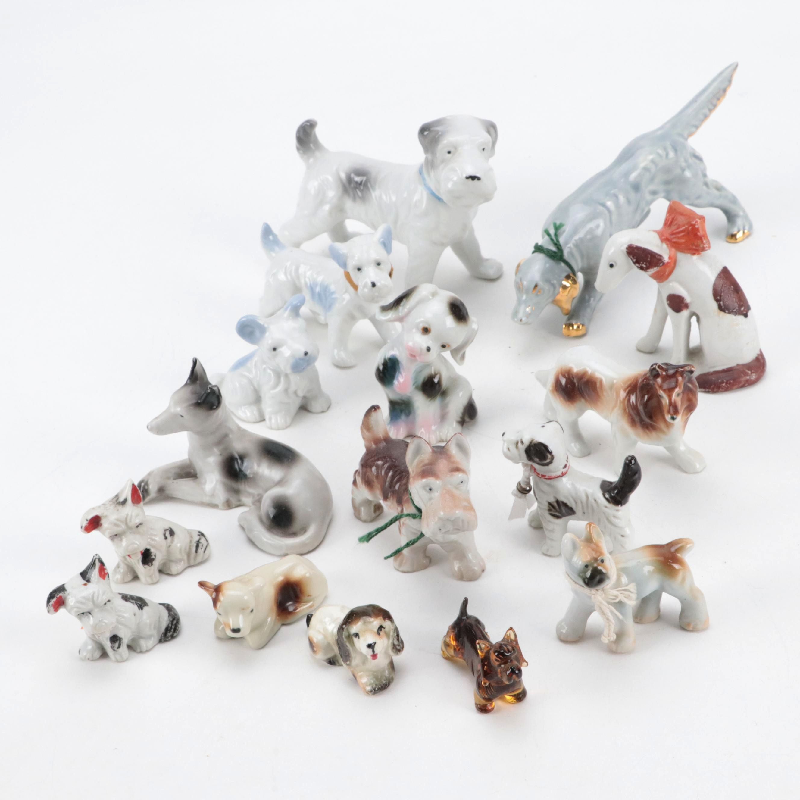 Blown Glass Dog Figurine with Japanese Ceramic Dog and Cow Figurines
