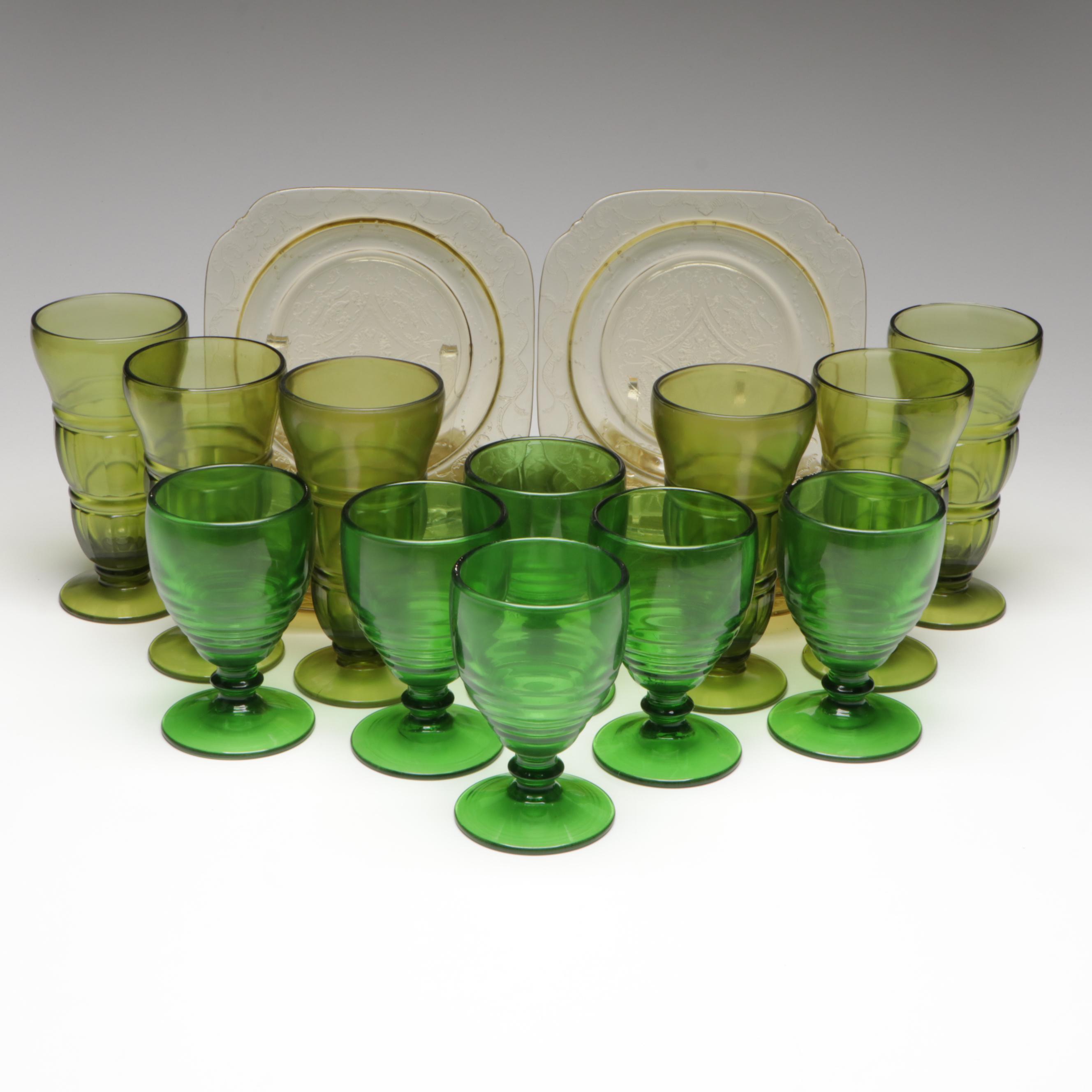 Indiana Glass "Lorain Yellow" Salad Plates with Green Glass Drinkware