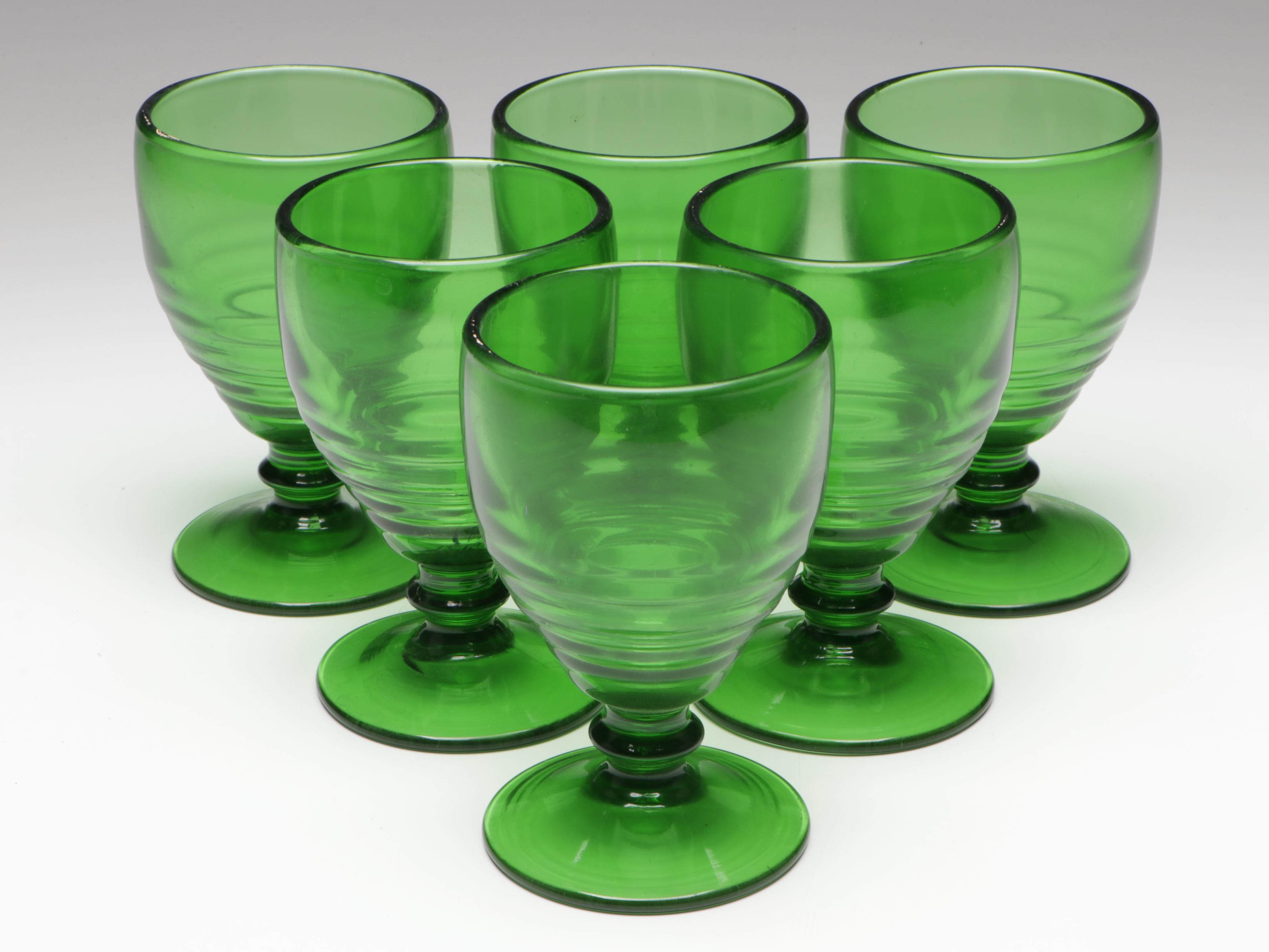 Indiana Glass "Lorain Yellow" Salad Plates with Green Glass Drinkware