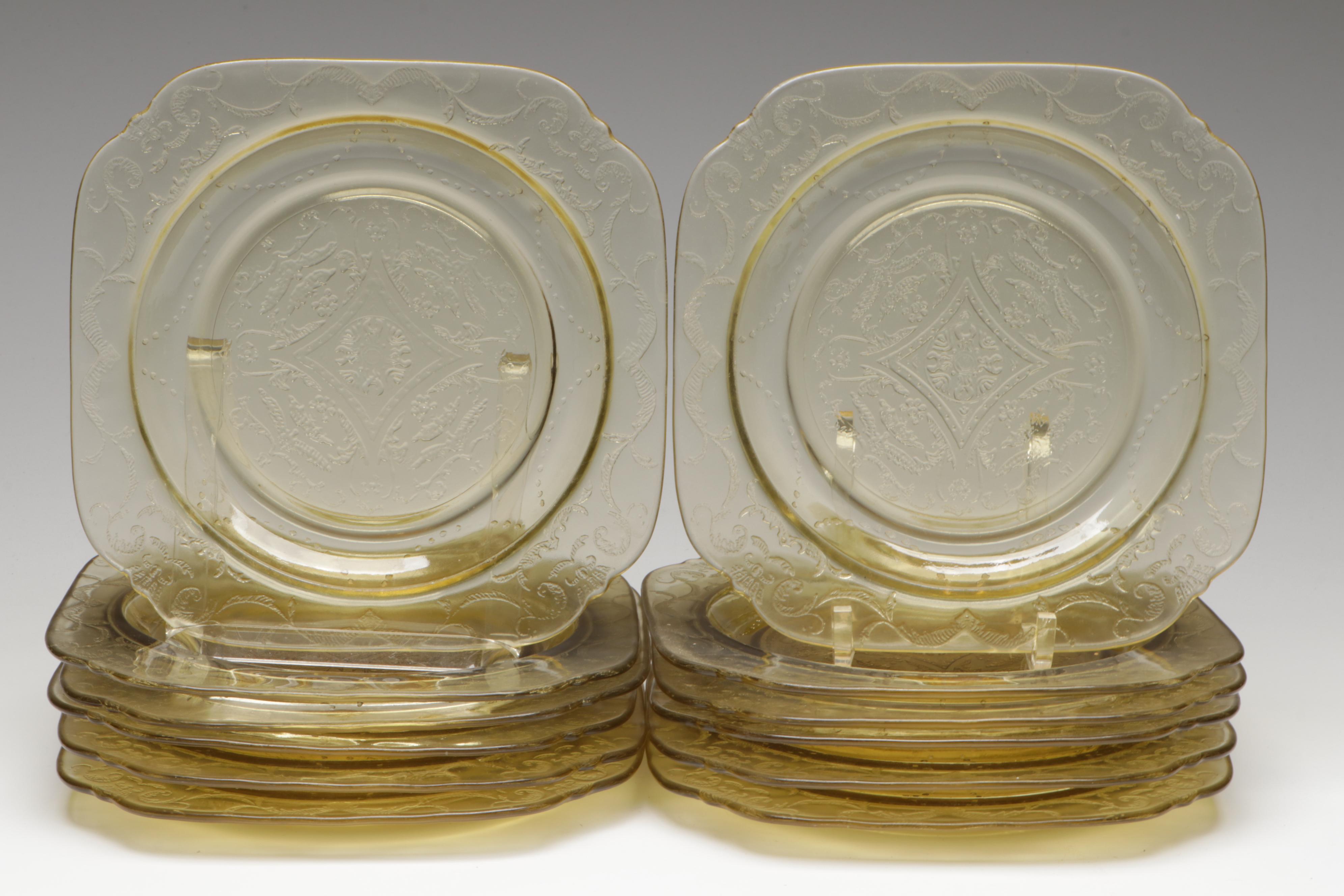 Indiana Glass "Lorain Yellow" Salad Plates with Green Glass Drinkware