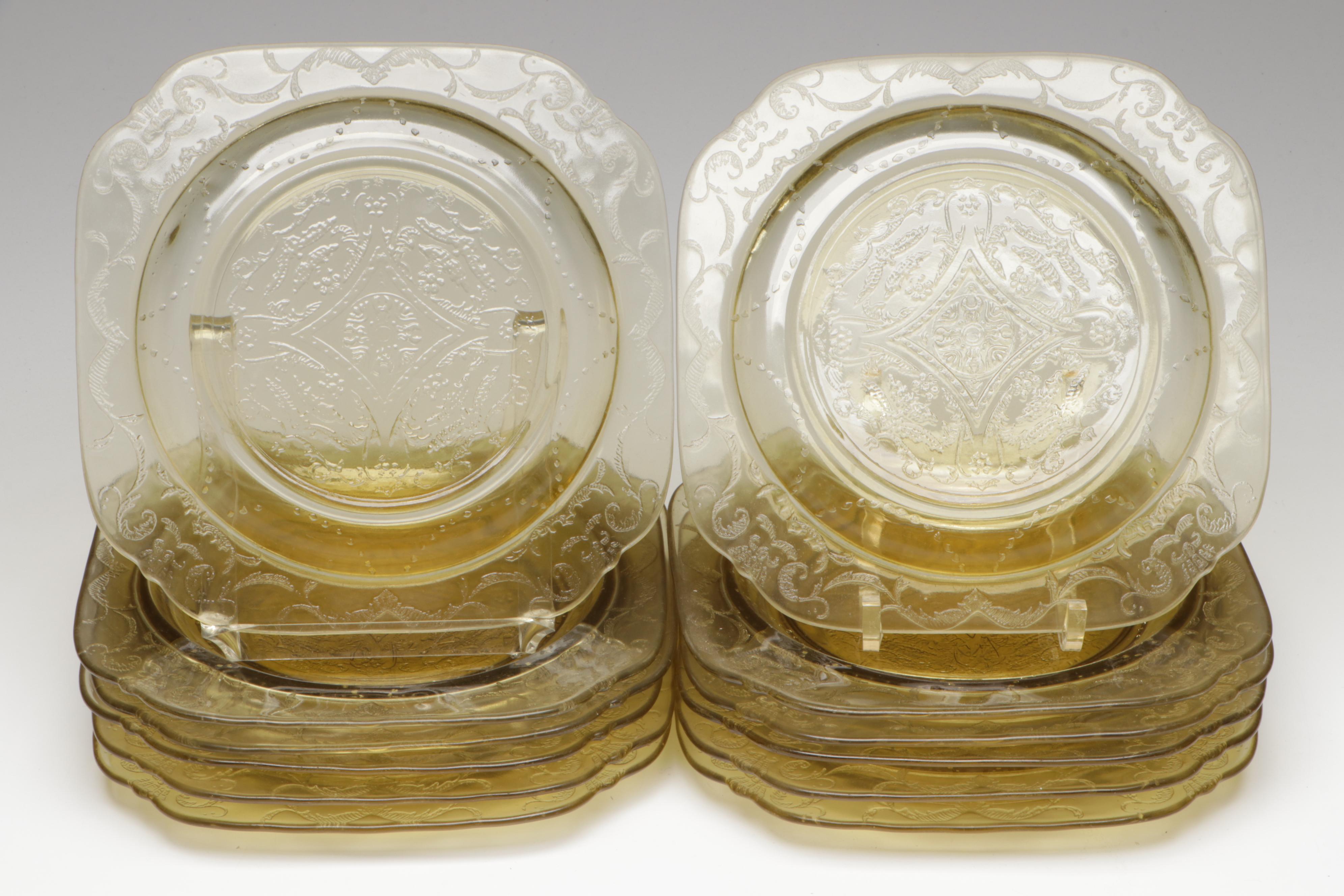 Indiana Glass "Lorain Yellow" Salad Plates with Green Glass Drinkware