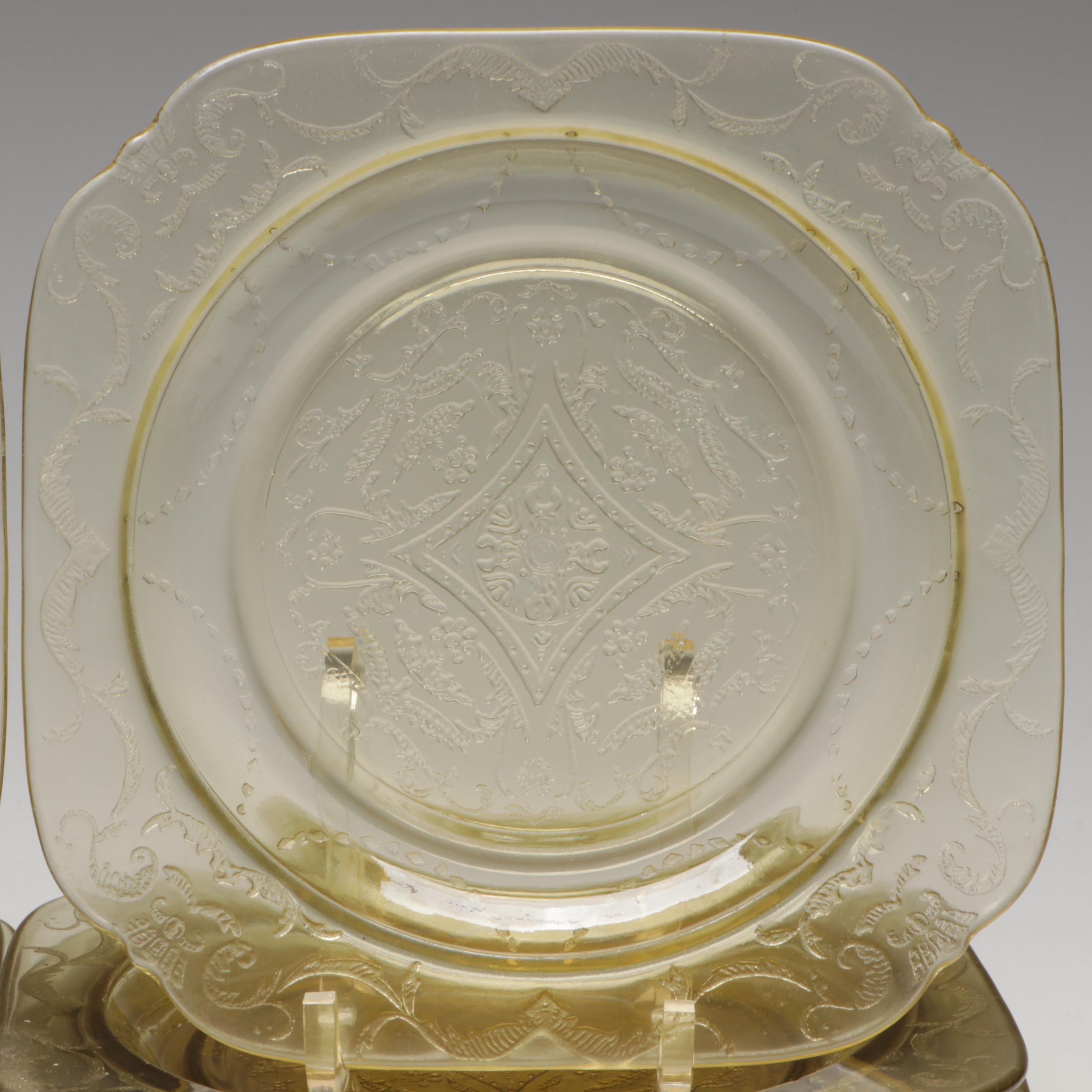 Indiana Glass "Lorain Yellow" Salad Plates with Green Glass Drinkware