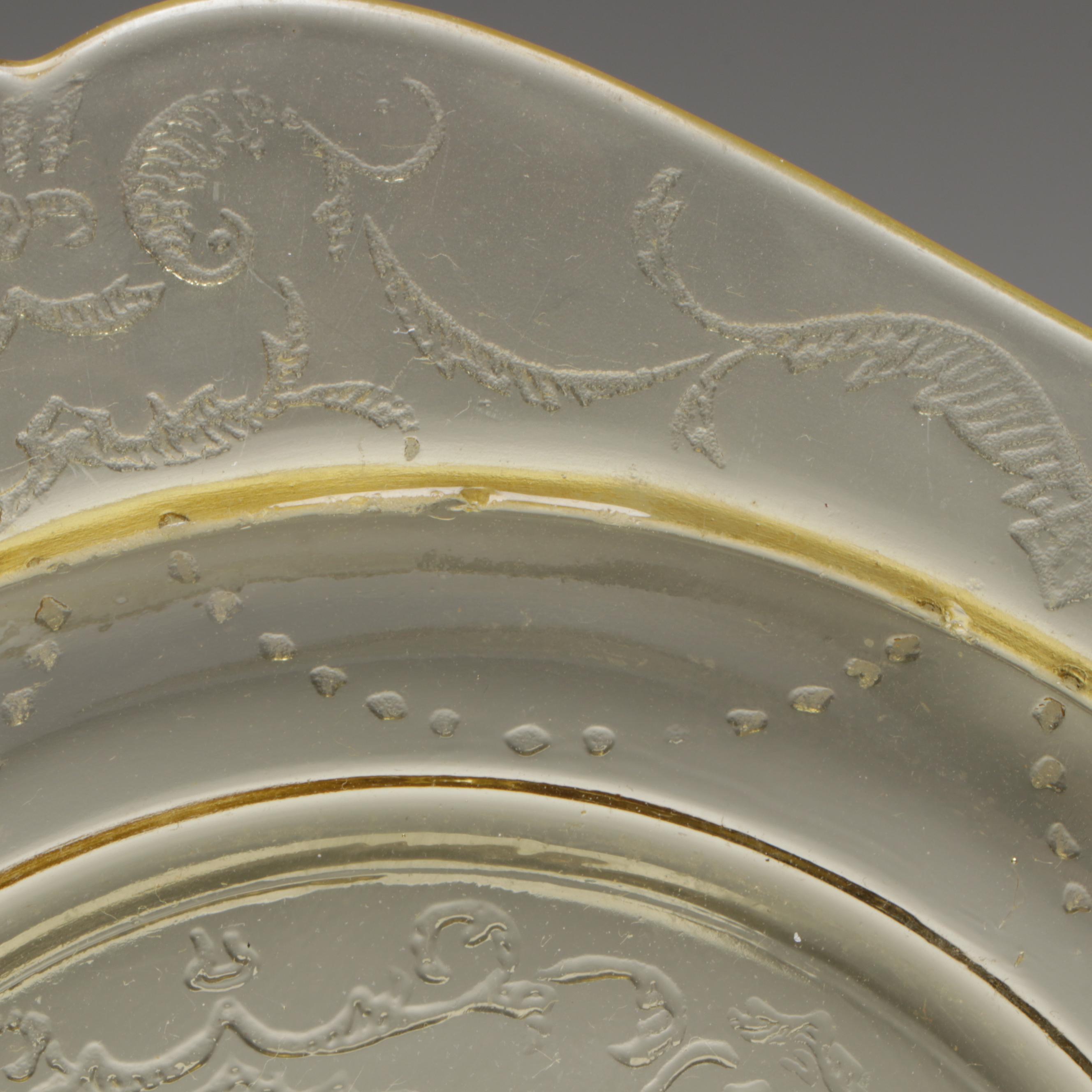 Indiana Glass "Lorain Yellow" Salad Plates with Green Glass Drinkware