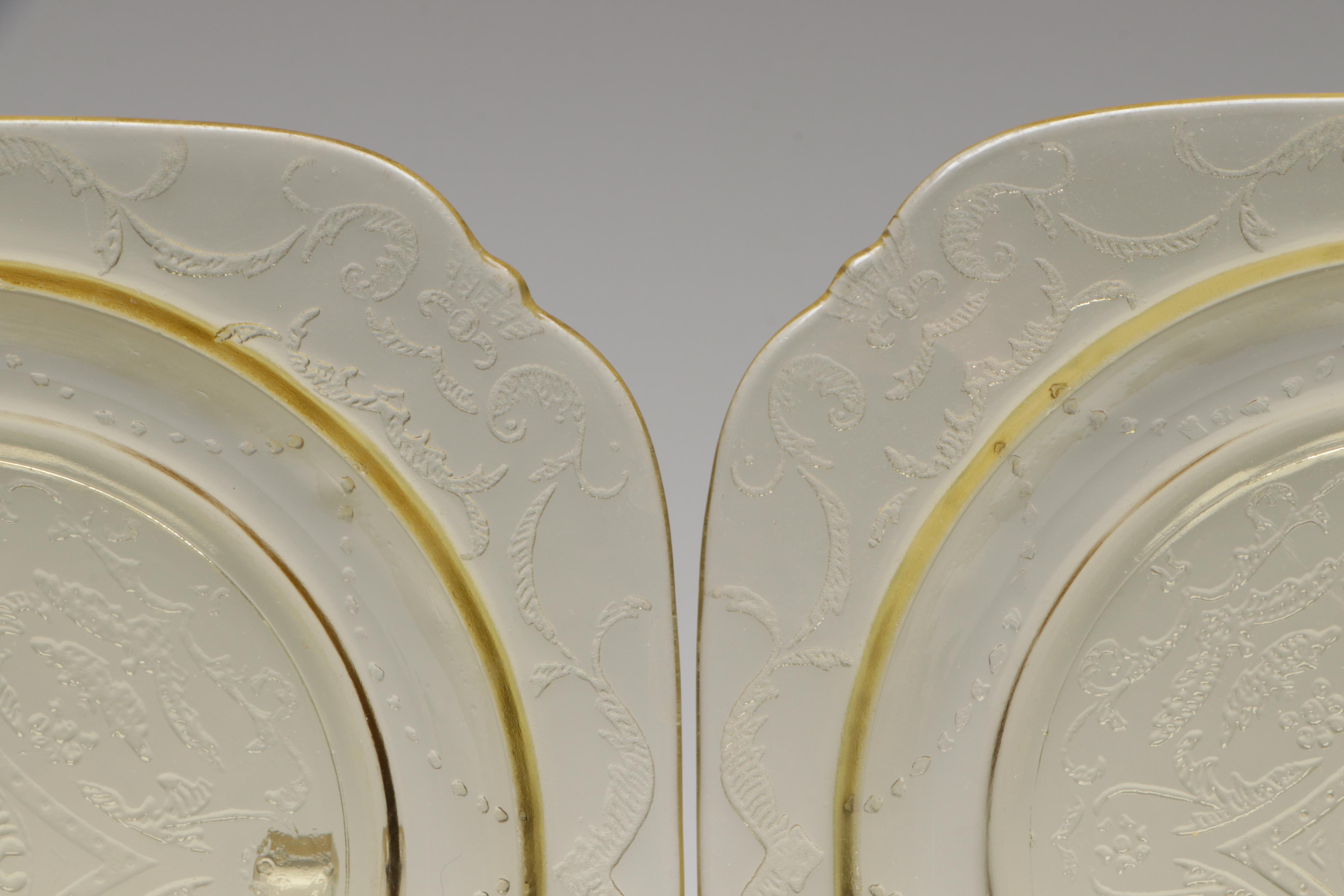 Indiana Glass "Lorain Yellow" Salad Plates with Green Glass Drinkware