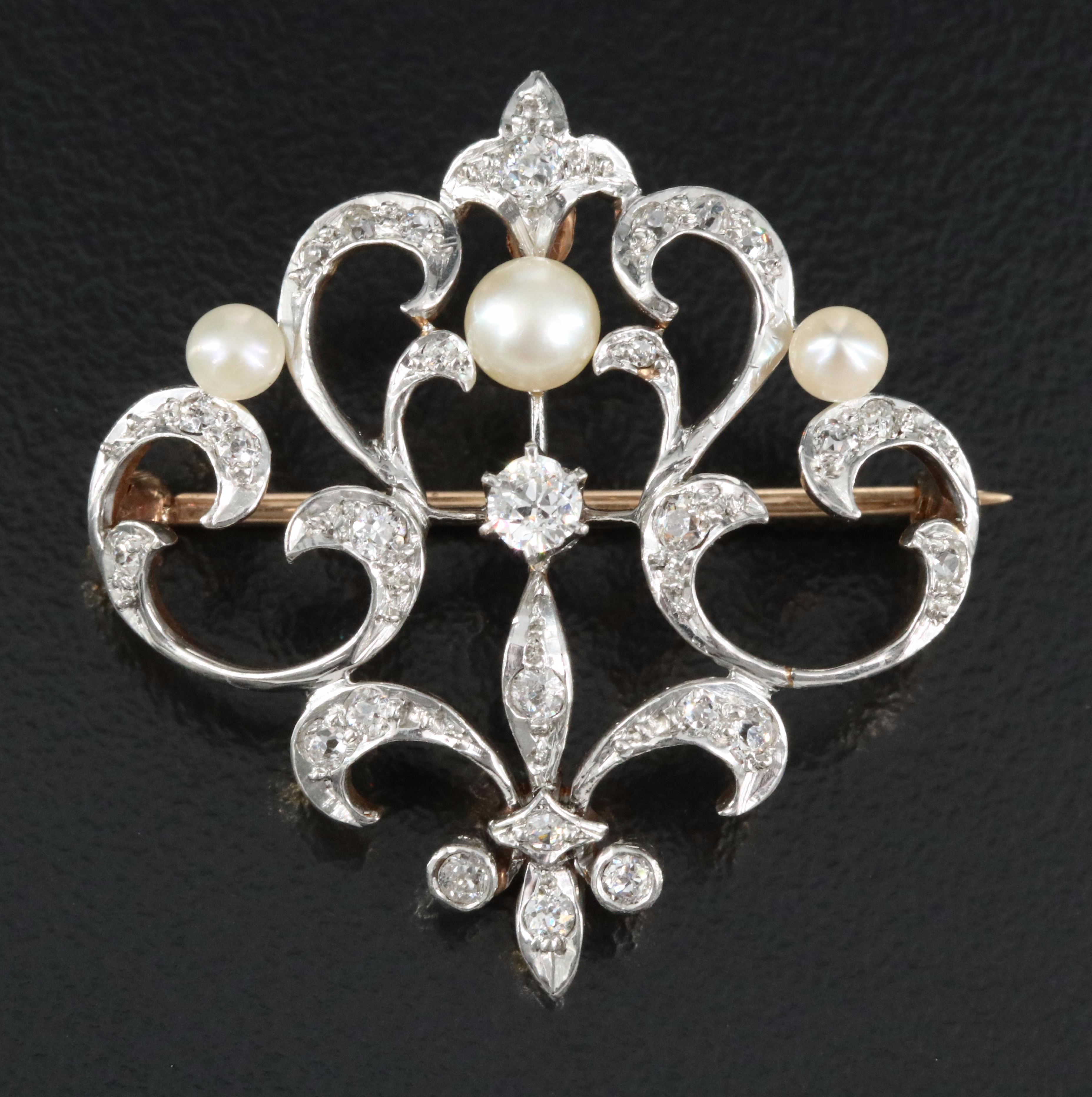 Edwardian 14K Pearl and Diamond Fleur-de-Lis Brooch with Platinum Top