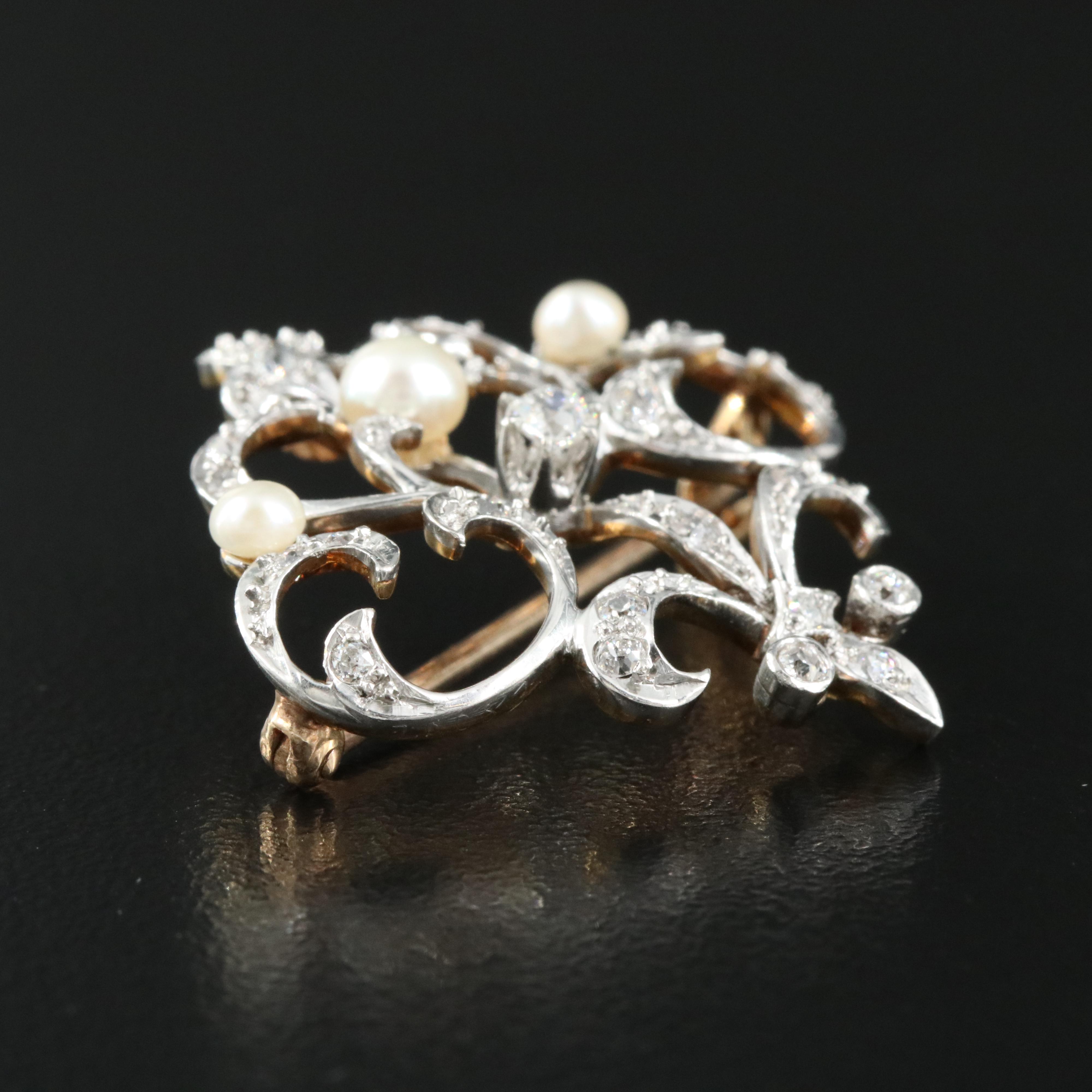 Edwardian 14K Pearl and Diamond Fleur-de-Lis Brooch with Platinum Top