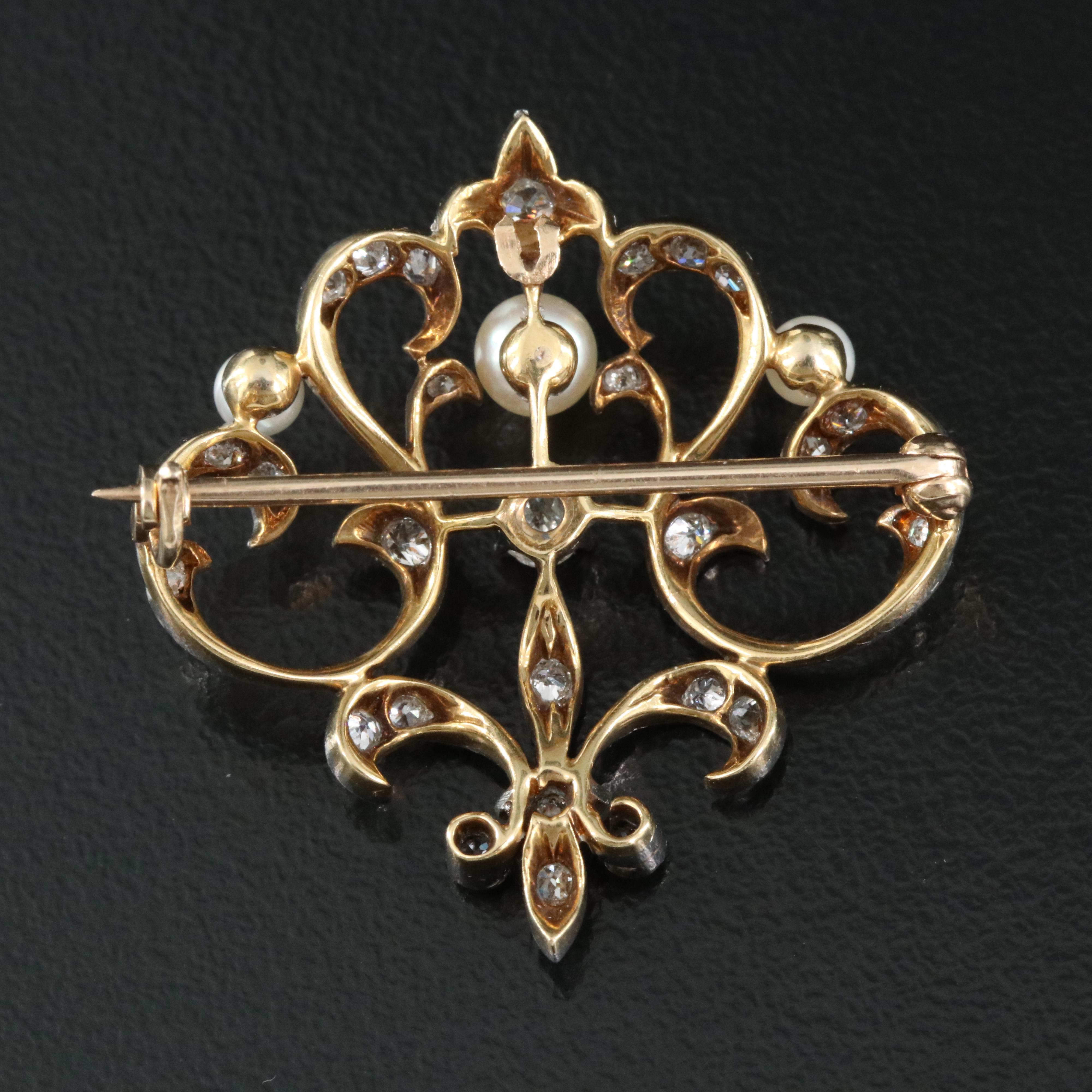 Edwardian 14K Pearl and Diamond Fleur-de-Lis Brooch with Platinum Top