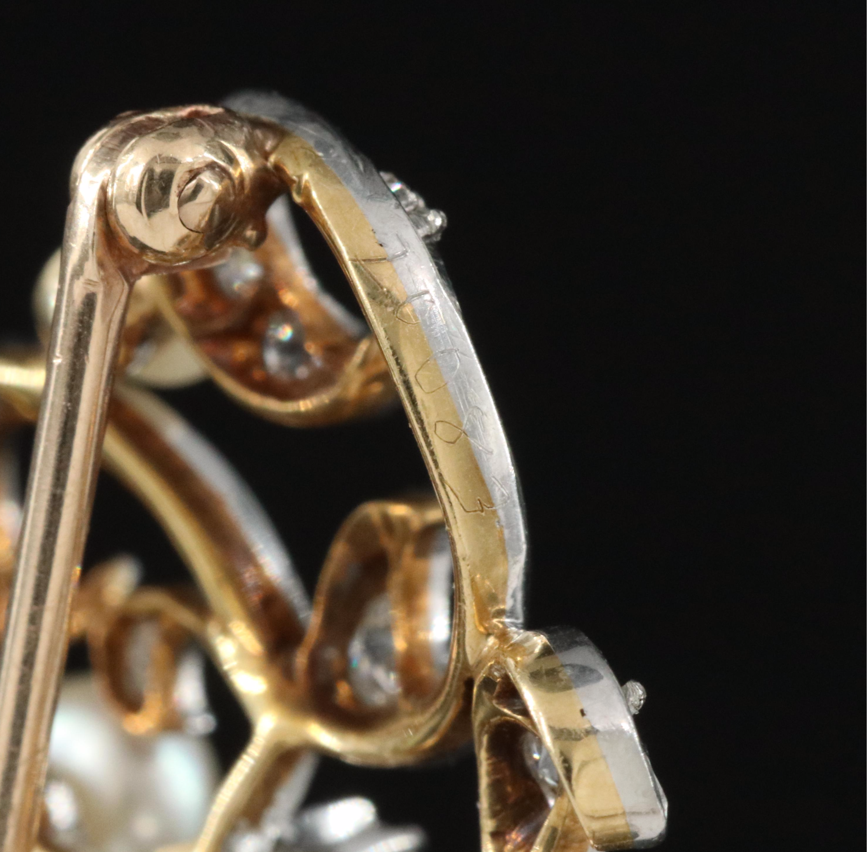 Edwardian 14K Pearl and Diamond Fleur-de-Lis Brooch with Platinum Top