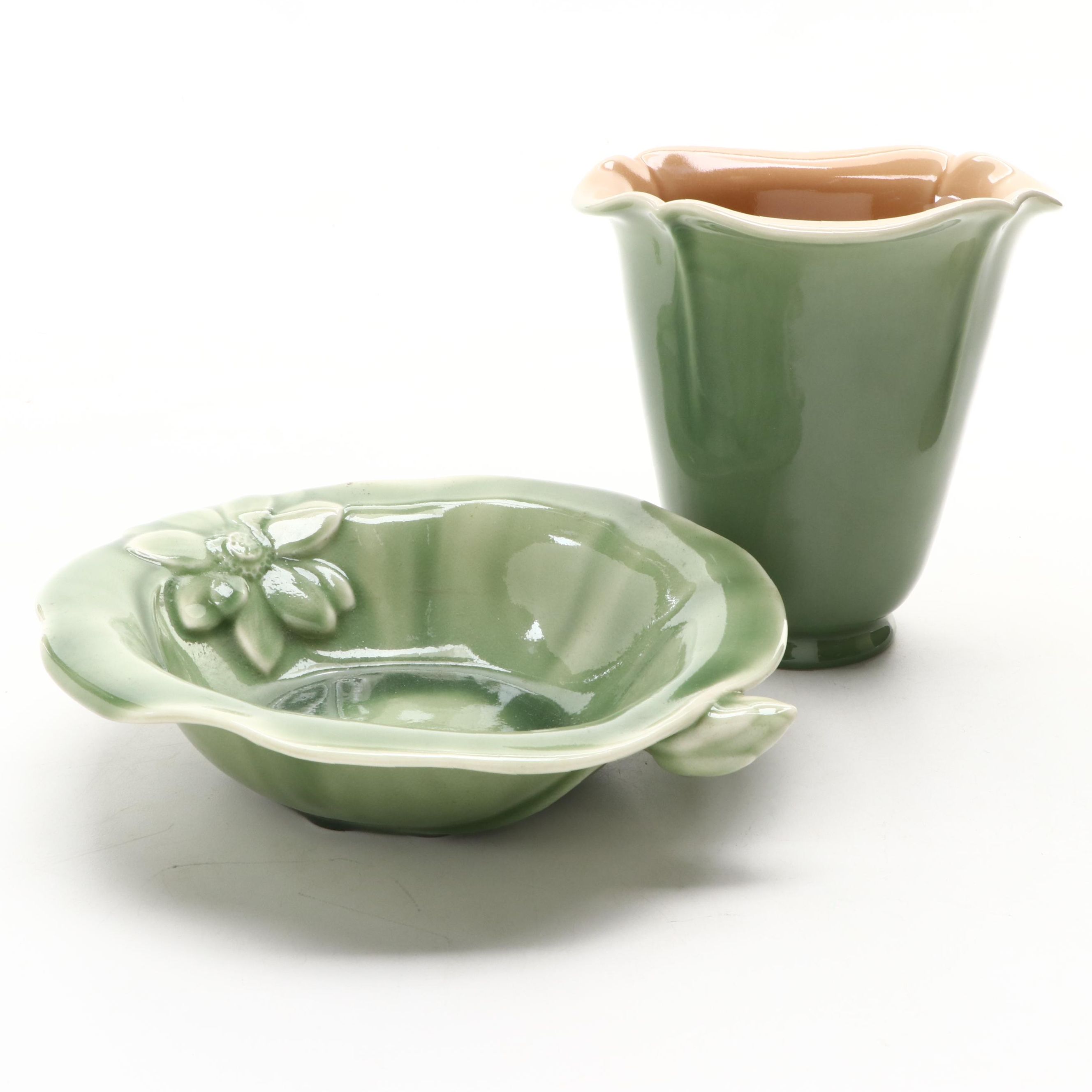 Rookwood Pottery Green Glazed Ceramic Vase and Bowl, Mid-20th Century