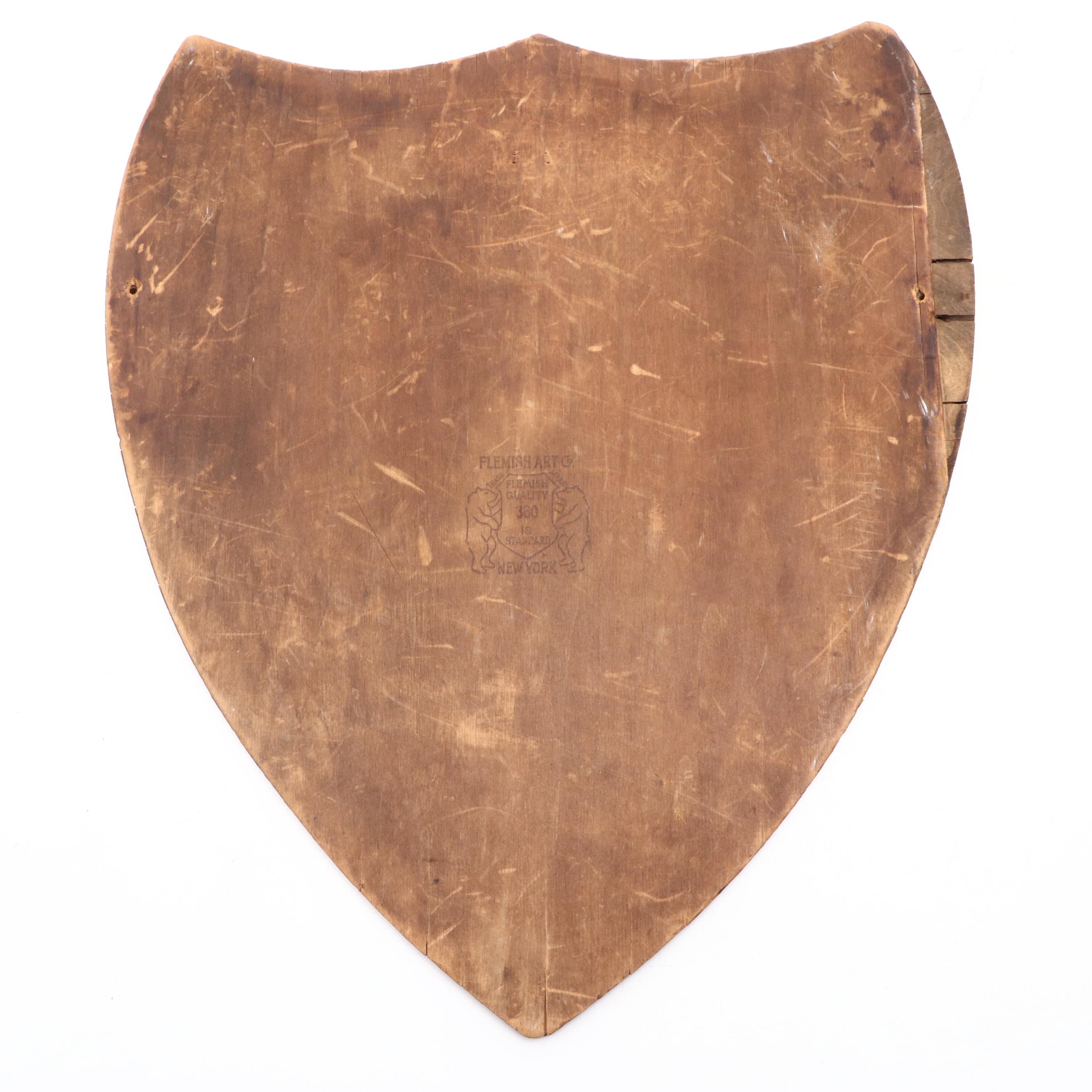 Flemish Art Co. Pyrography Shield Wall Hanging, Early 20th Century