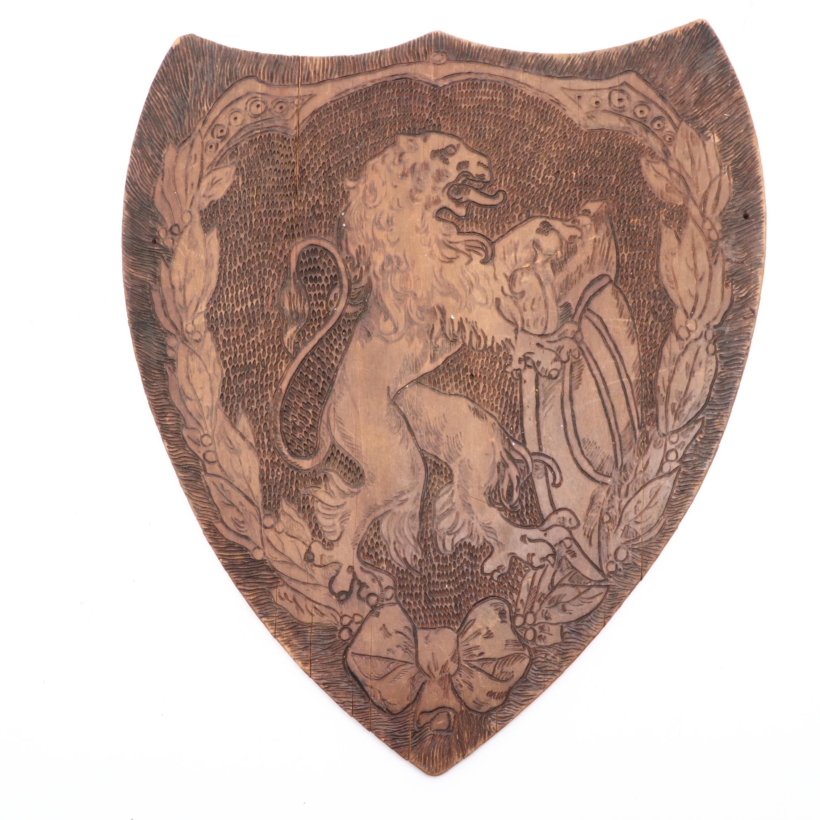 Flemish Art Co. Pyrography Shield Wall Hanging, Early 20th Century
