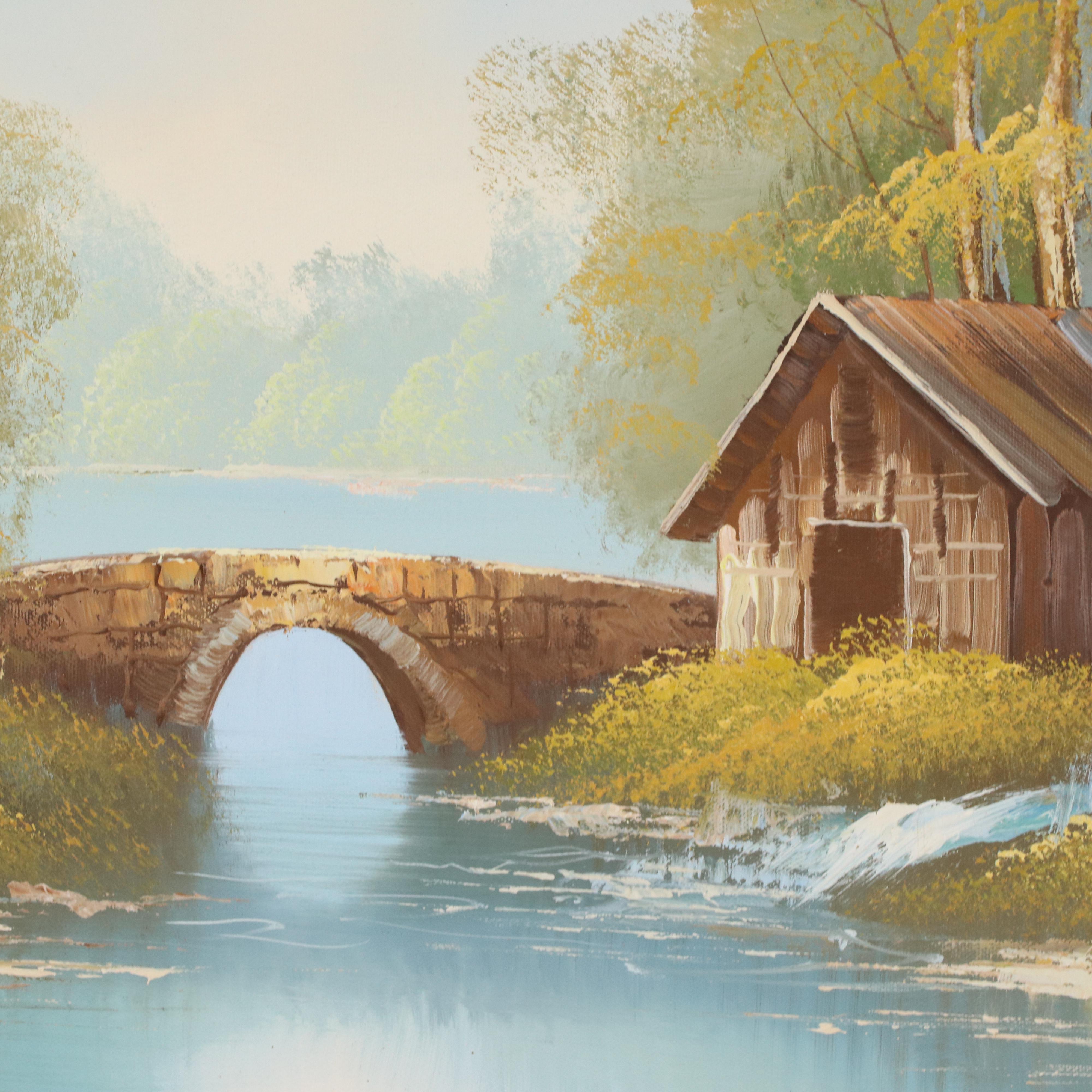 River Landscape Oil Painting With Watermill, Late 20th Century