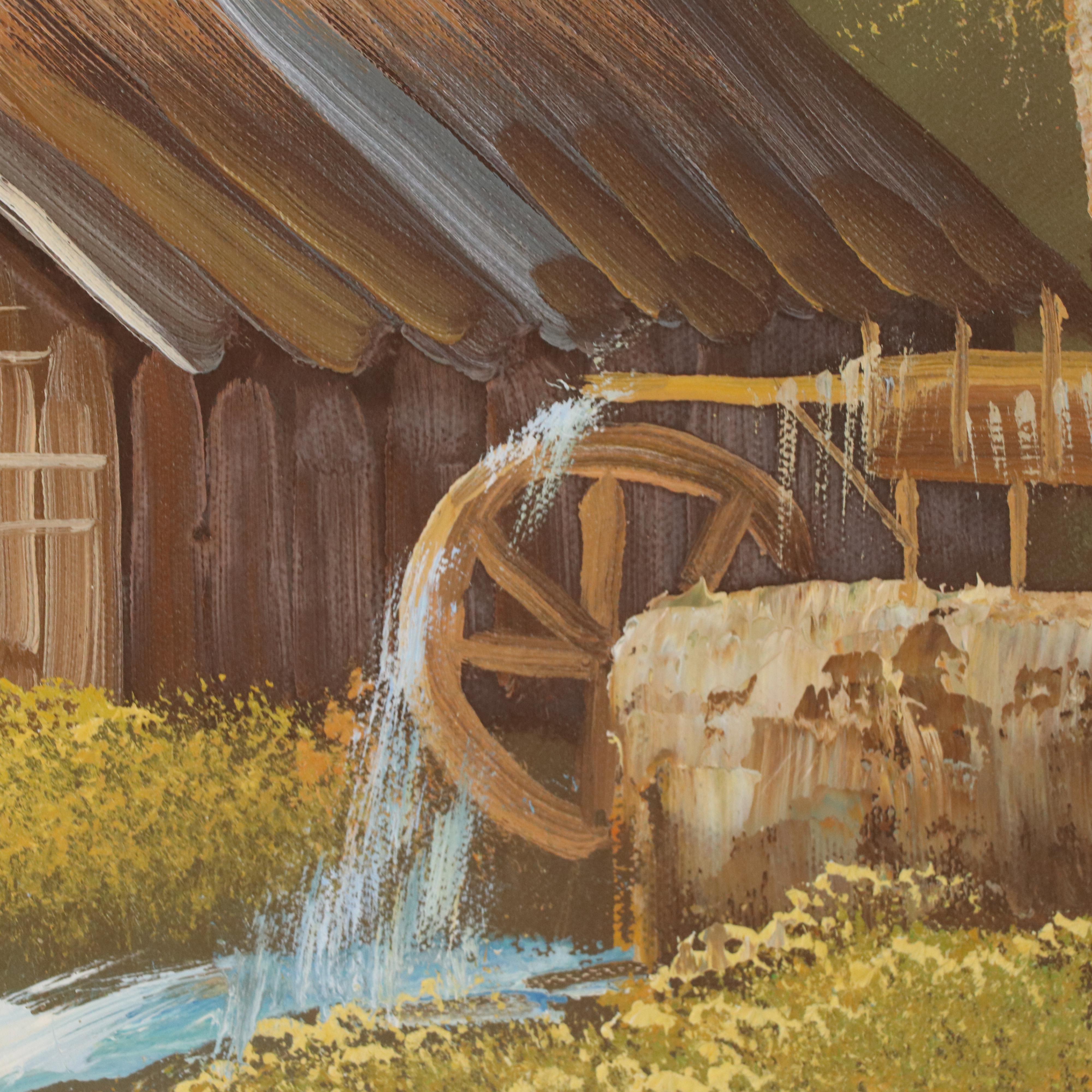 River Landscape Oil Painting With Watermill, Late 20th Century