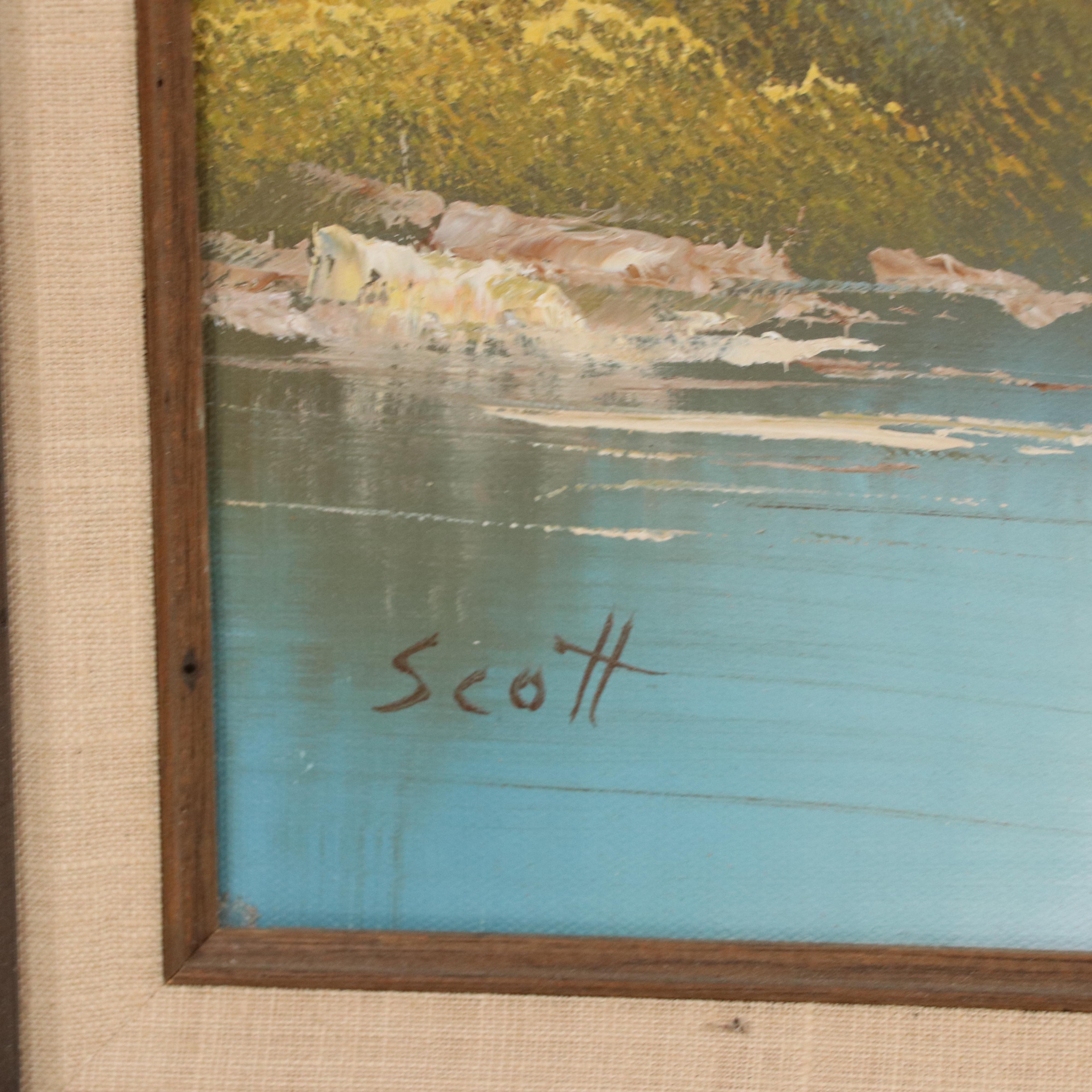 River Landscape Oil Painting With Watermill, Late 20th Century