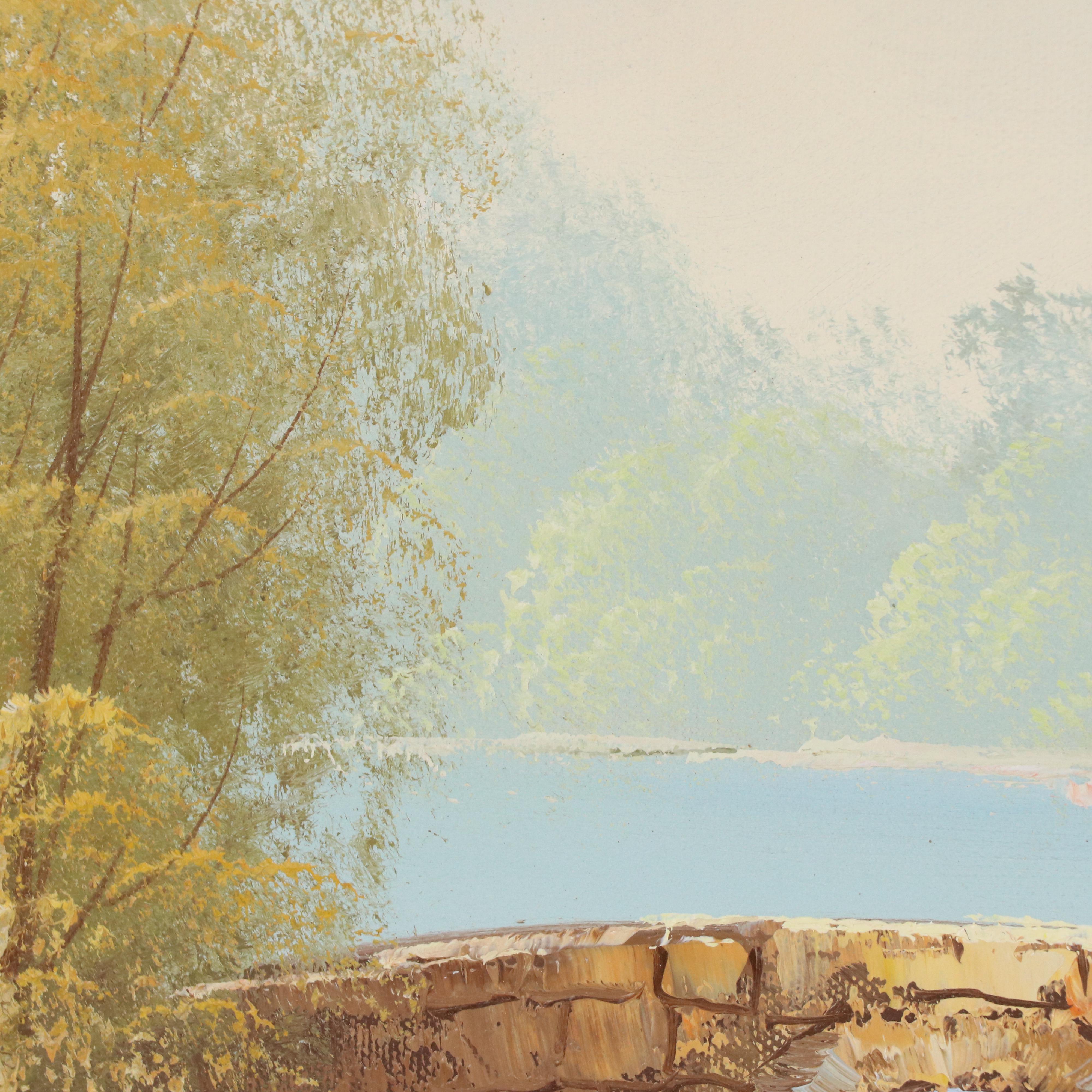 River Landscape Oil Painting With Watermill, Late 20th Century