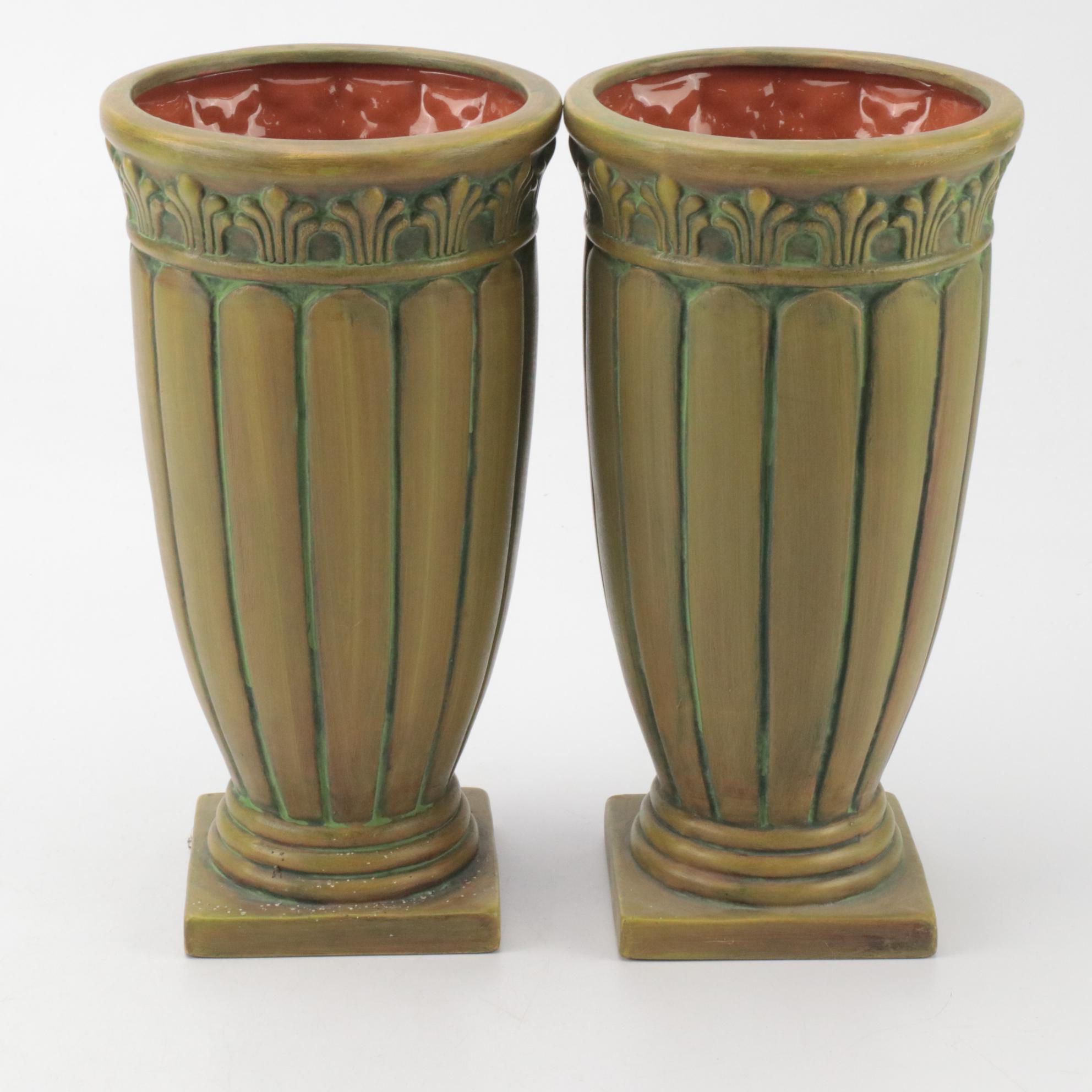 Grecian Urn Style Ceramic Planters with Leaf Motif Metal Clock and More