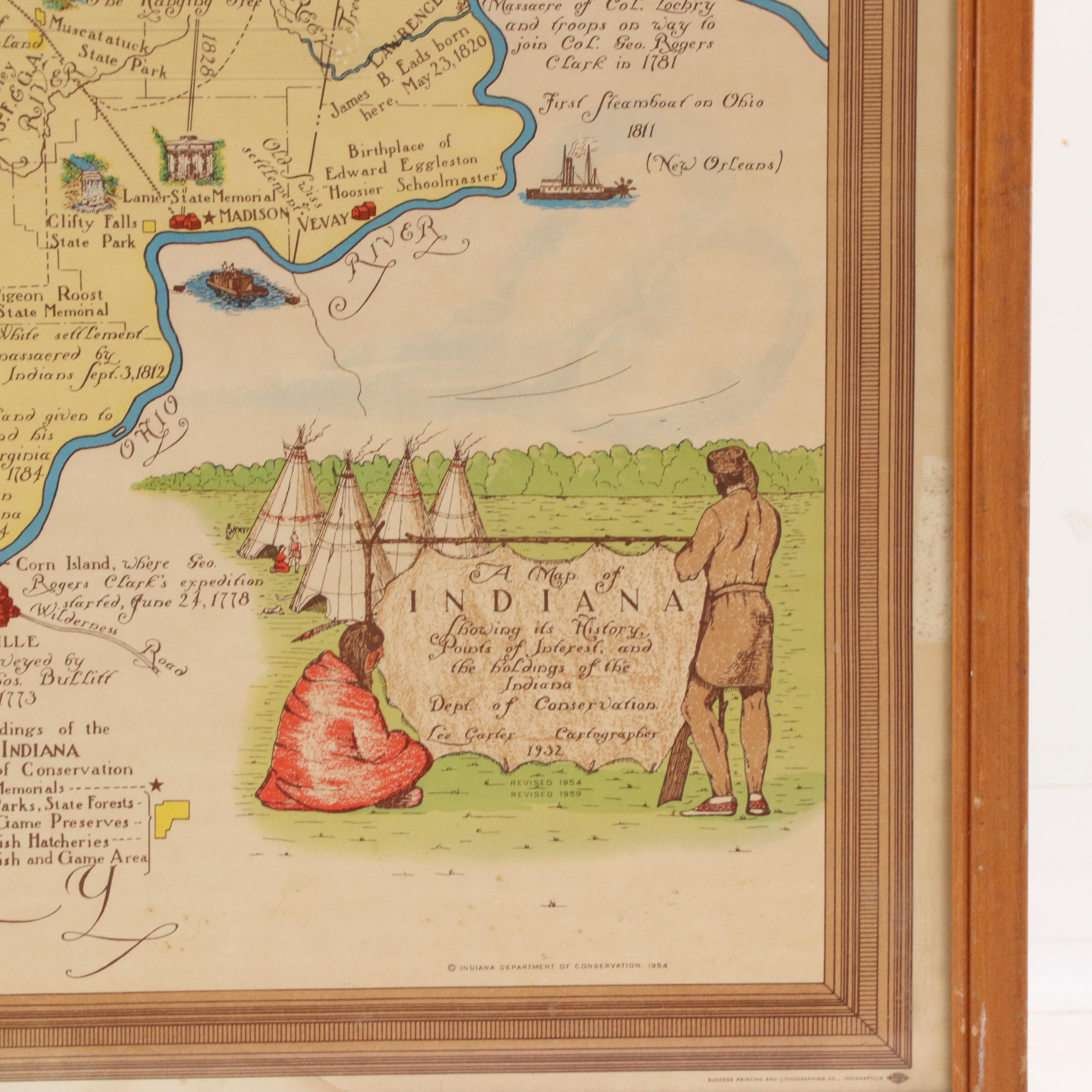 Historical Color Lithograph Map of Indiana, 1954