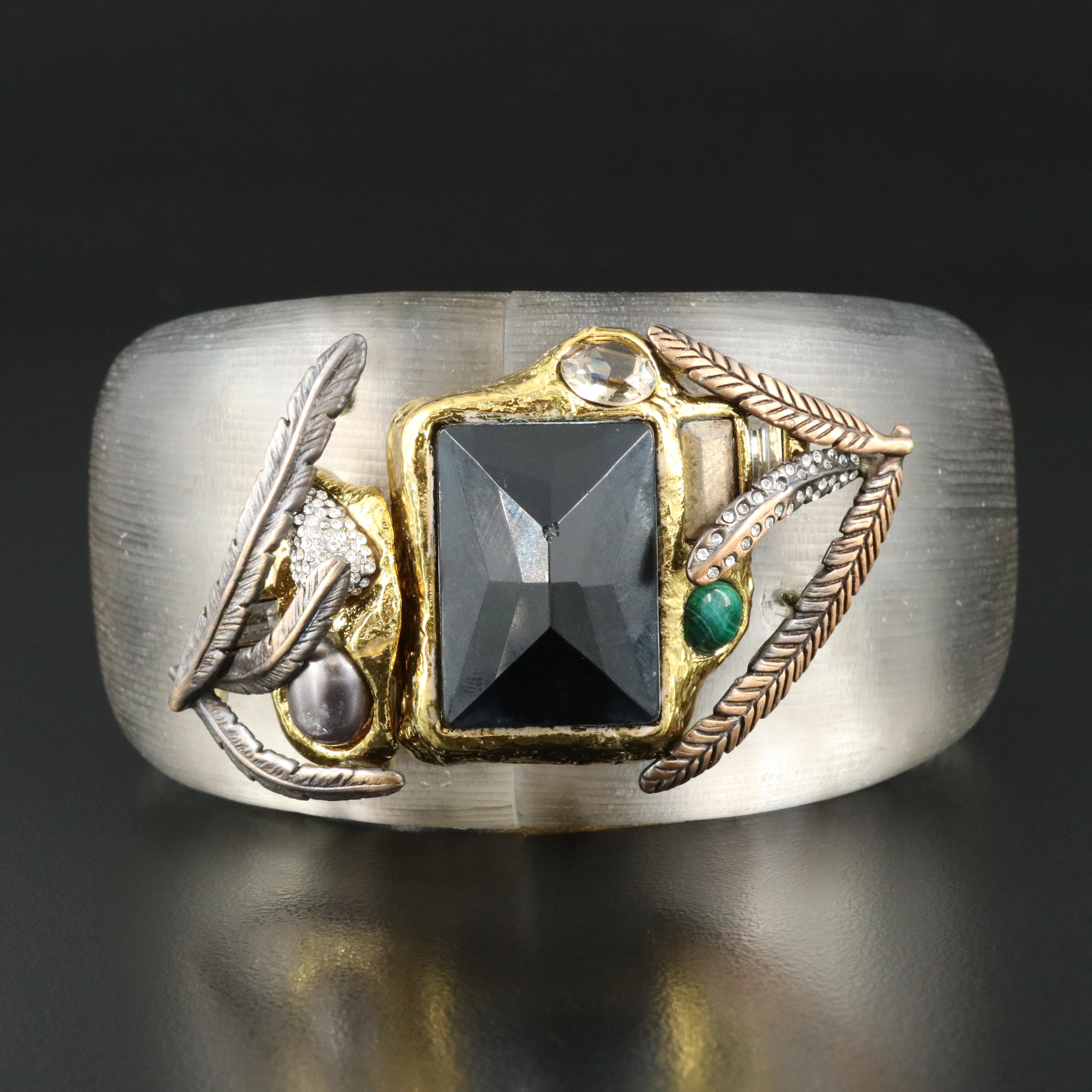 Alexis Bittar Malachite, Rhinestone and Glass Clamper Bracelet