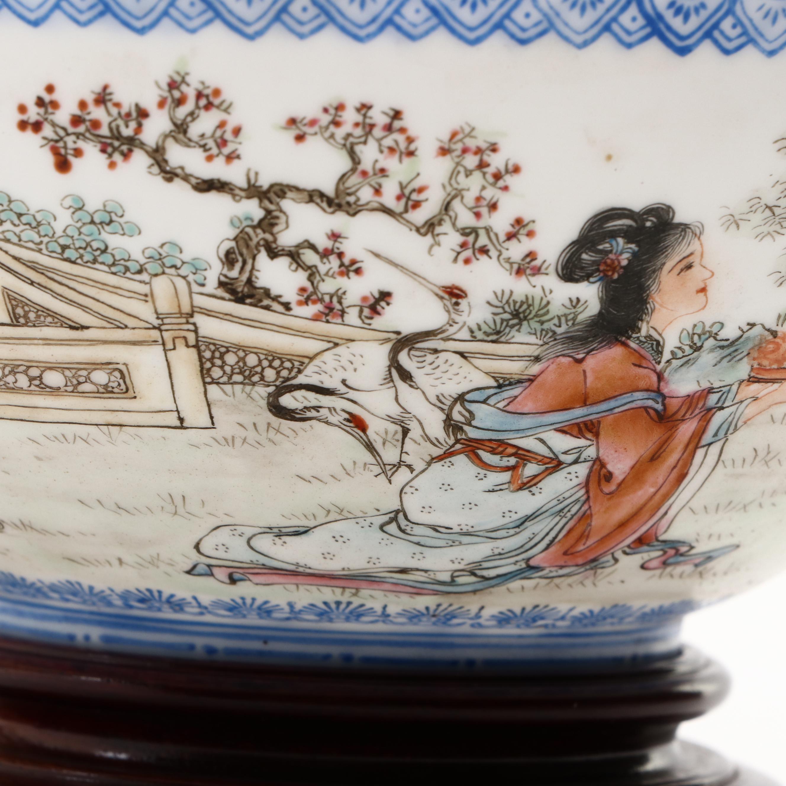 Chinese Eggshell Porcelain Bowl on Wooden Stand, 20th Century