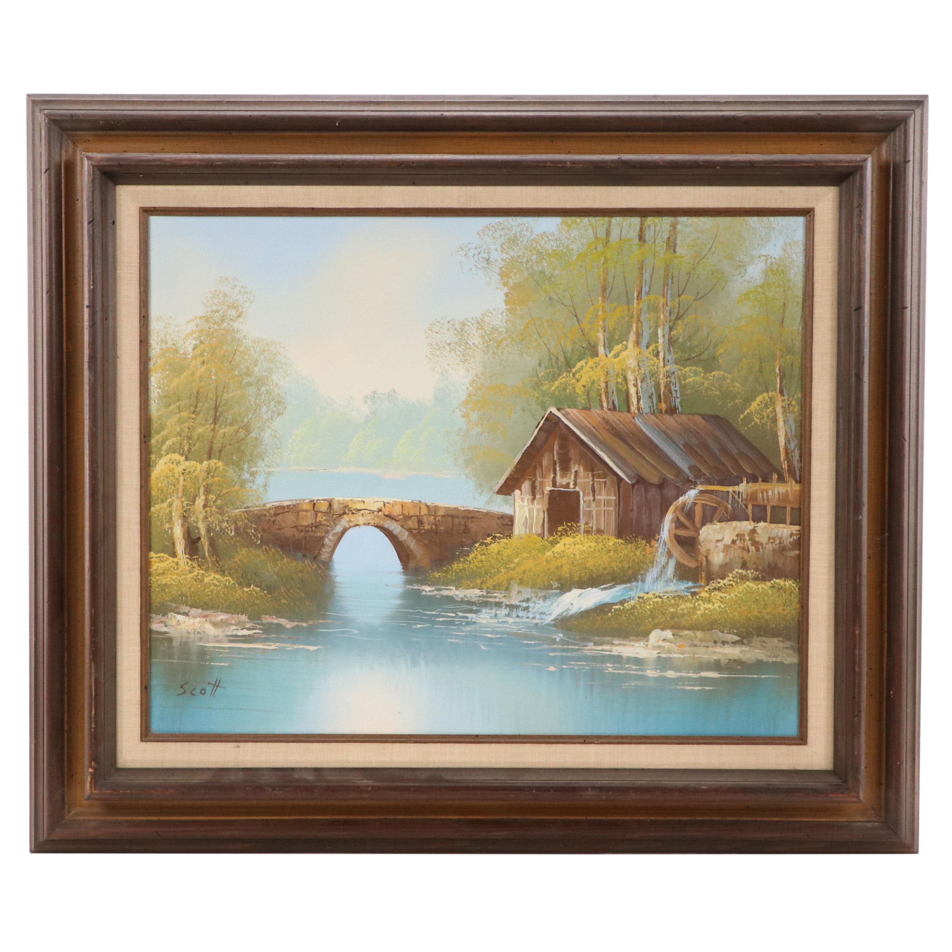 River Landscape Oil Painting With Watermill, Late 20th Century