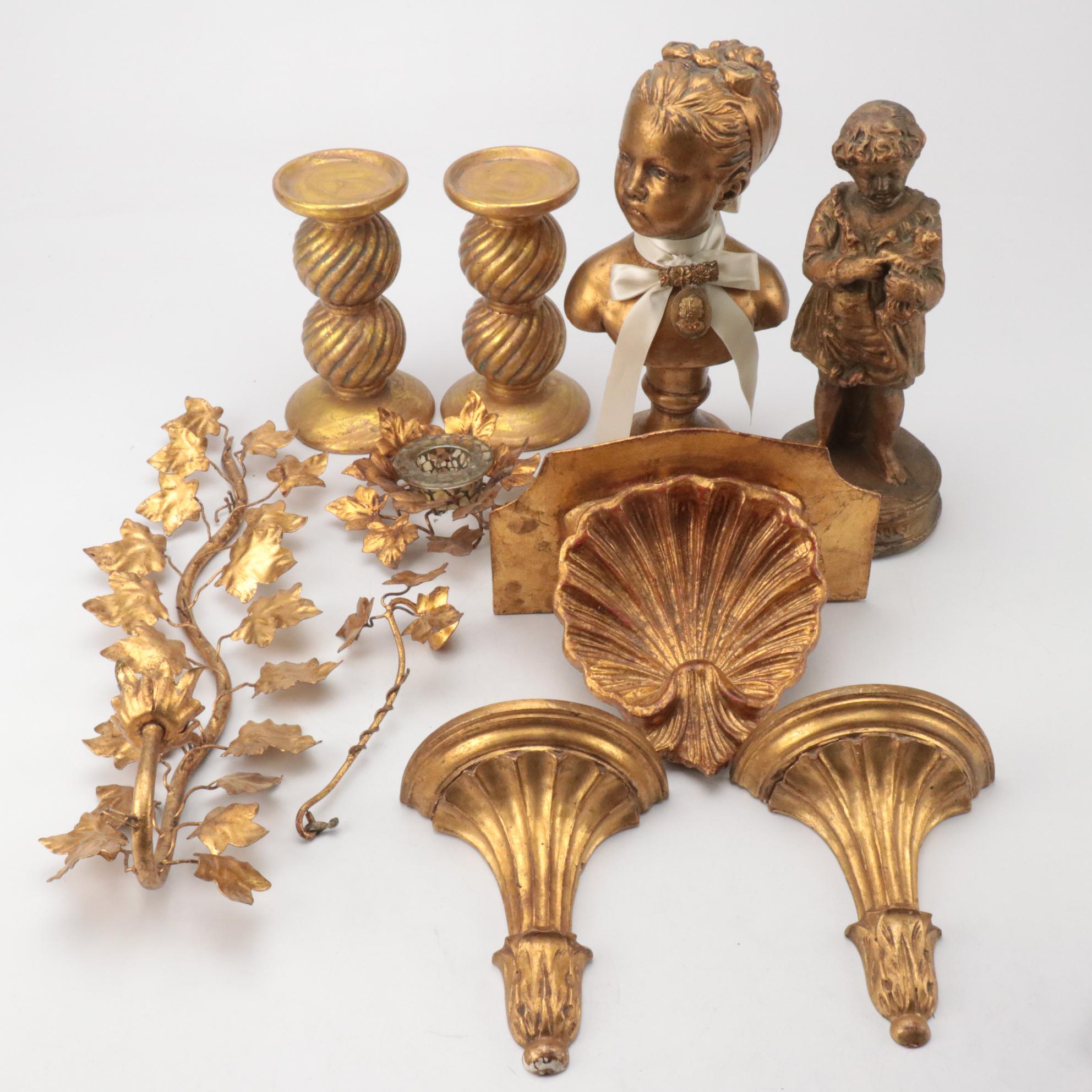 Neoclassical Wall Shelves  with Candlescones, Figurines and Other Decor