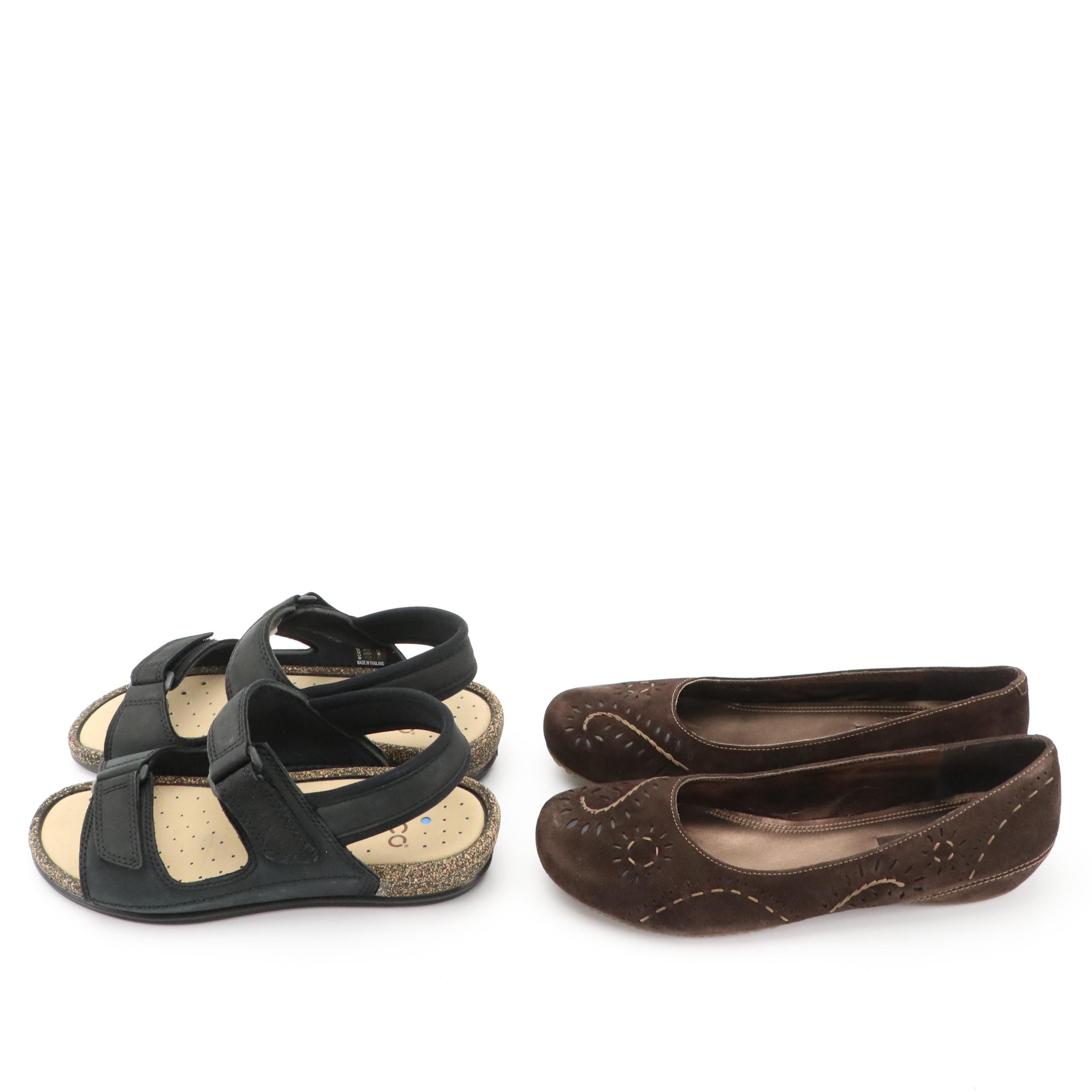 ECCO® Nubuck Cosmo II Sandals and Laser Cut Suede Flats with Boxes