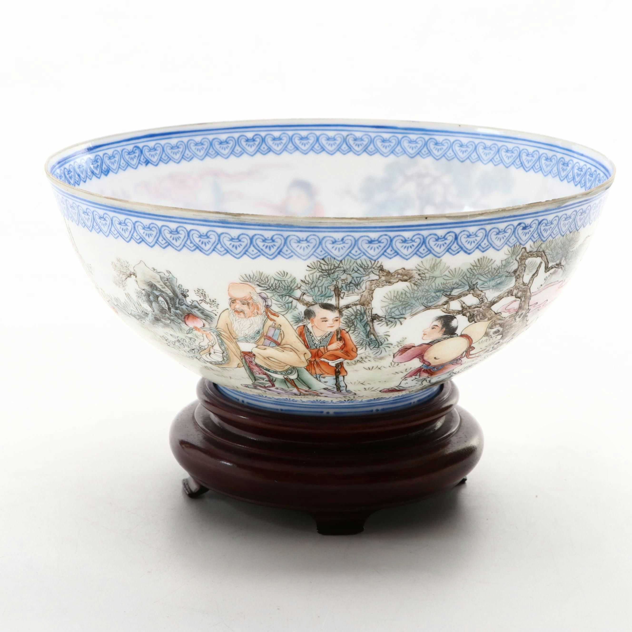 Chinese Eggshell Porcelain Bowl on Wooden Stand, 20th Century