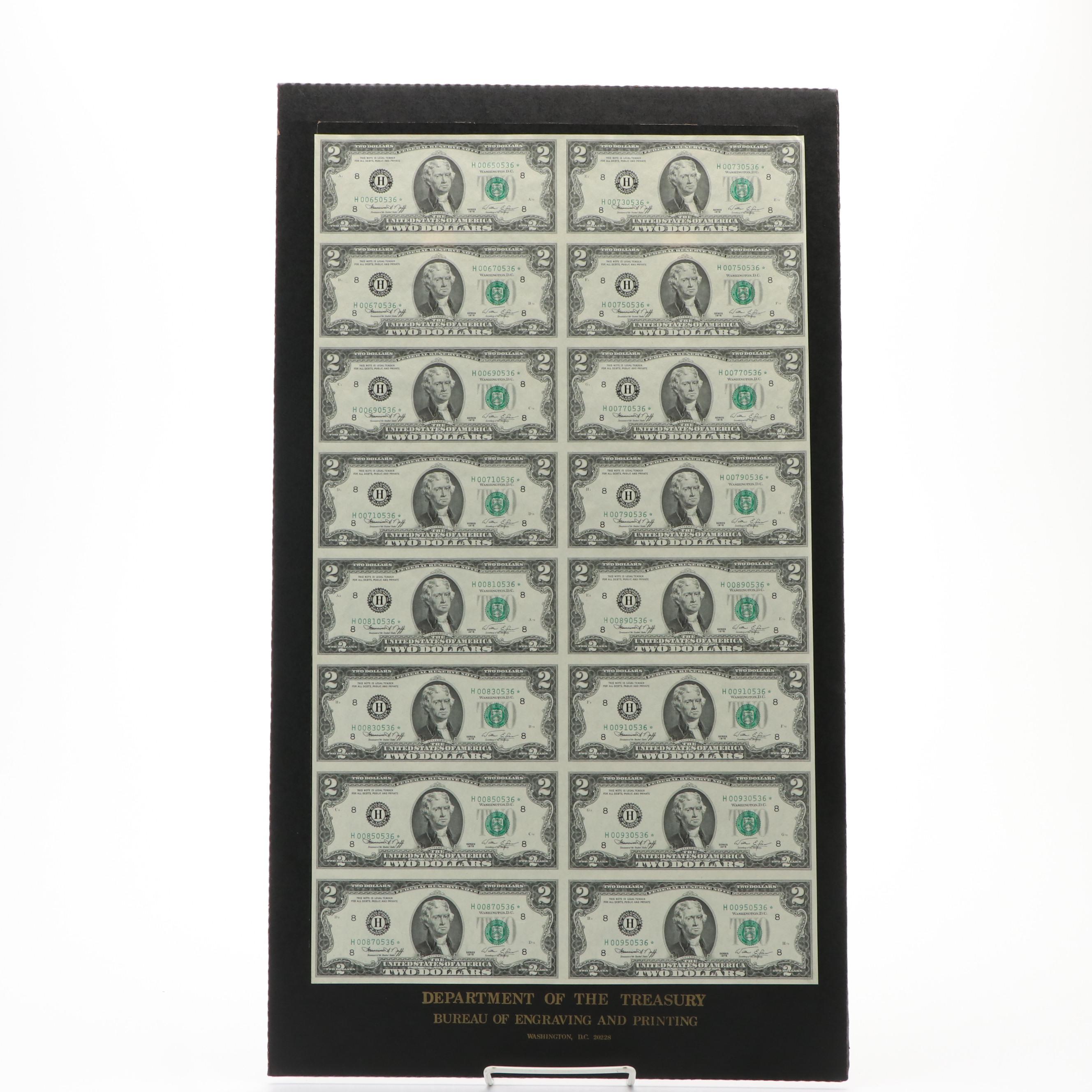 Uncut Sheet of Sixteen 1976 U.S. $2 Federal Reserve Star Notes