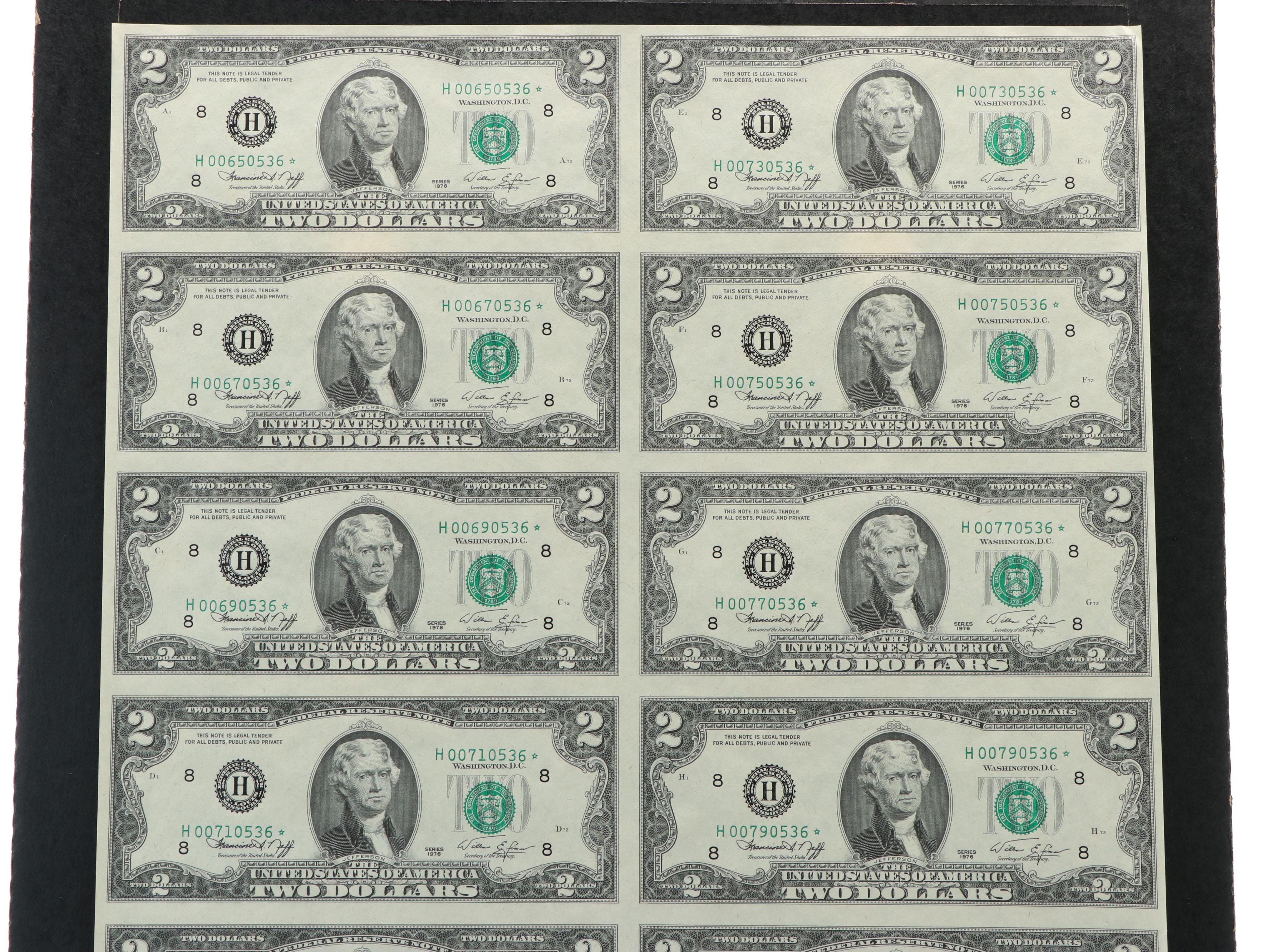 Uncut Sheet of Sixteen 1976 U.S. $2 Federal Reserve Star Notes