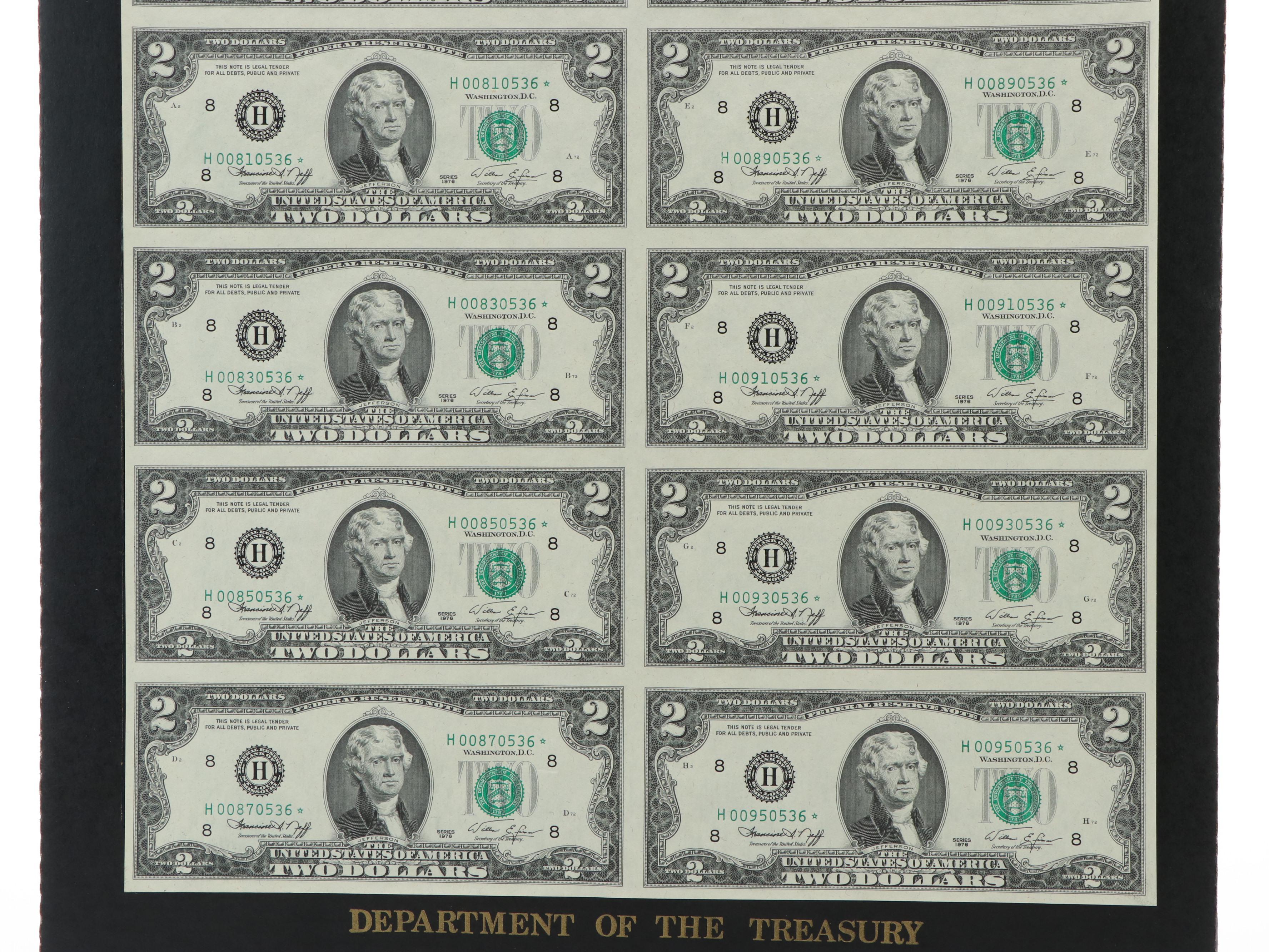 Uncut Sheet of Sixteen 1976 U.S. $2 Federal Reserve Star Notes