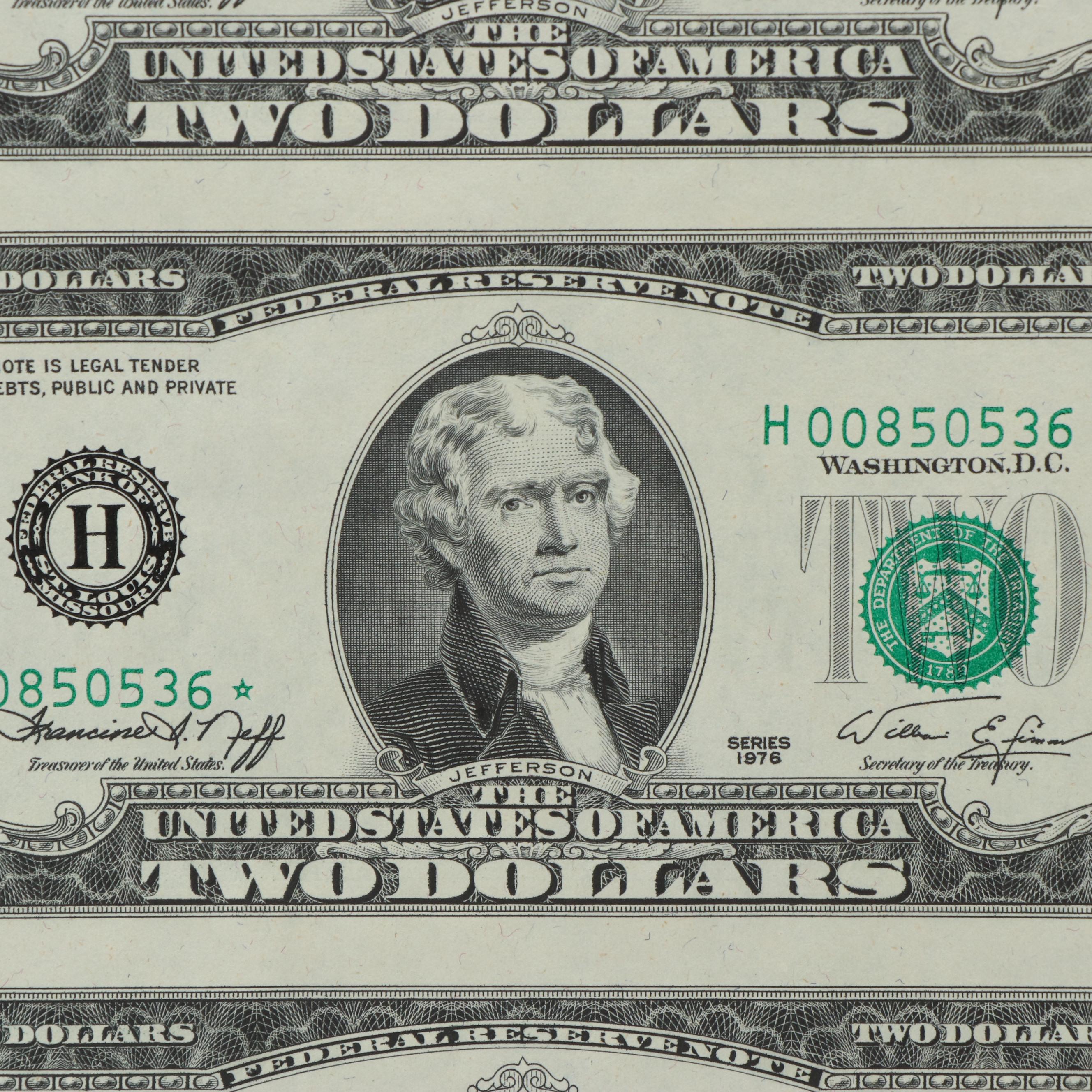 Uncut Sheet of Sixteen 1976 U.S. $2 Federal Reserve Star Notes