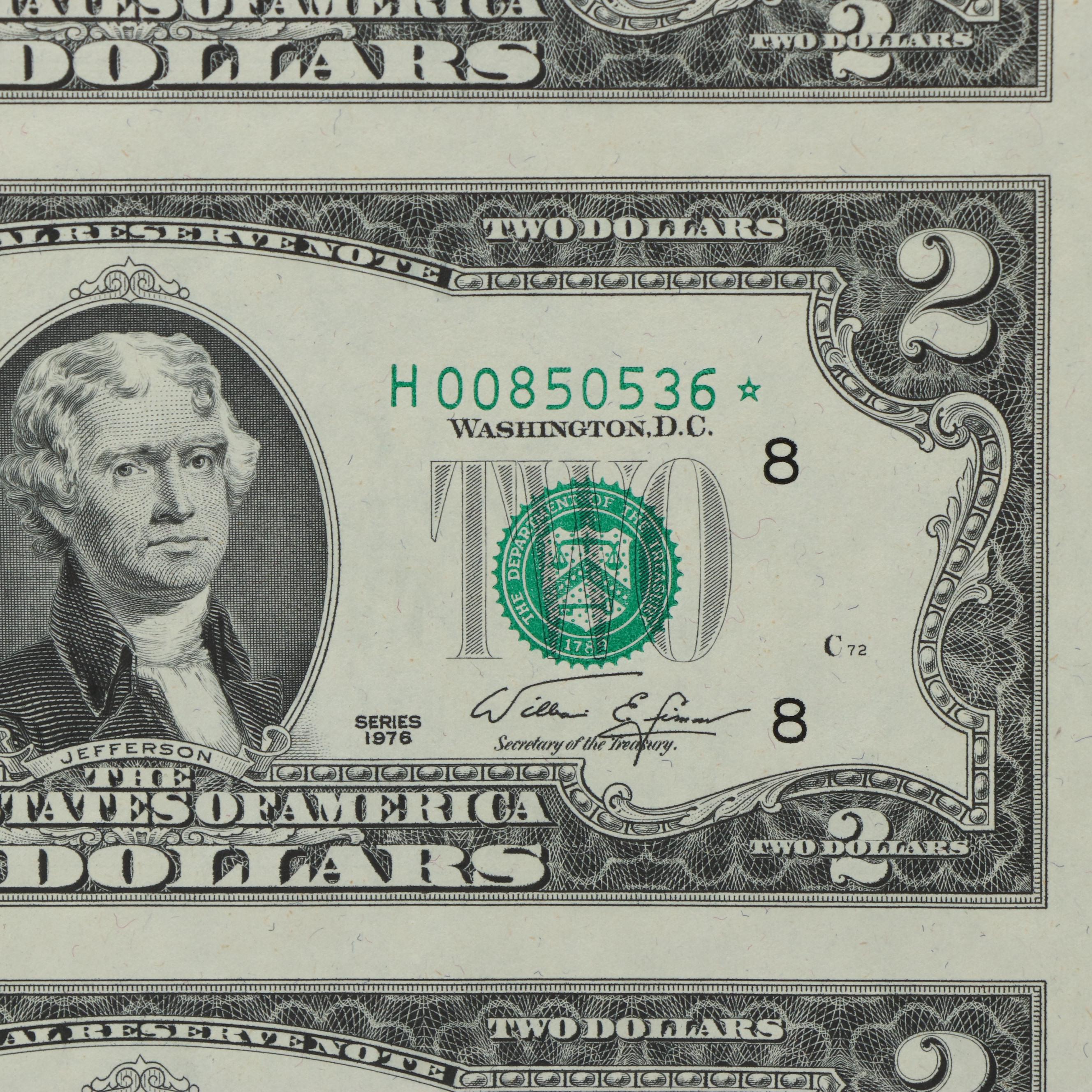 Uncut Sheet of Sixteen 1976 U.S. $2 Federal Reserve Star Notes