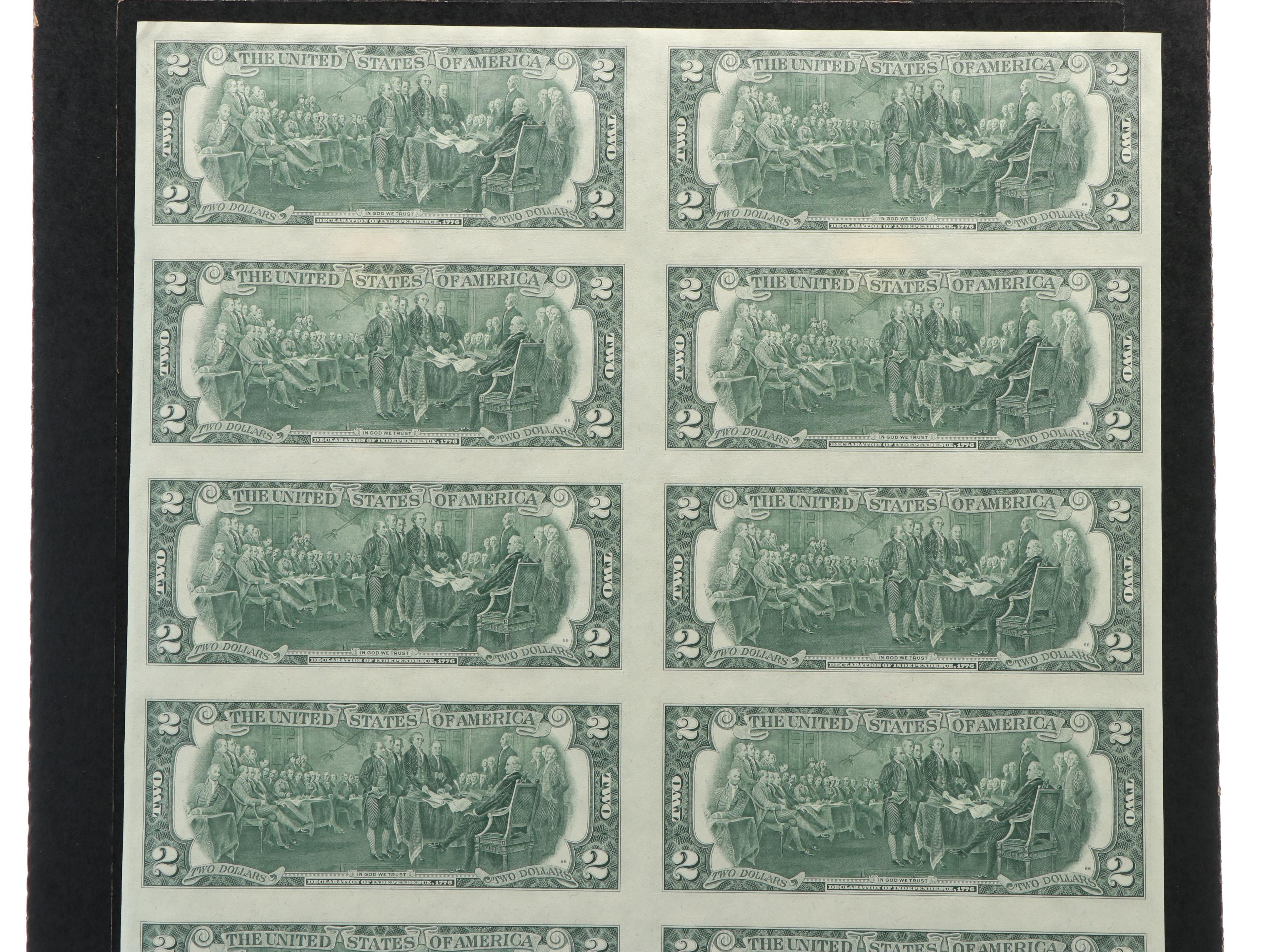 Uncut Sheet of Sixteen 1976 U.S. $2 Federal Reserve Star Notes