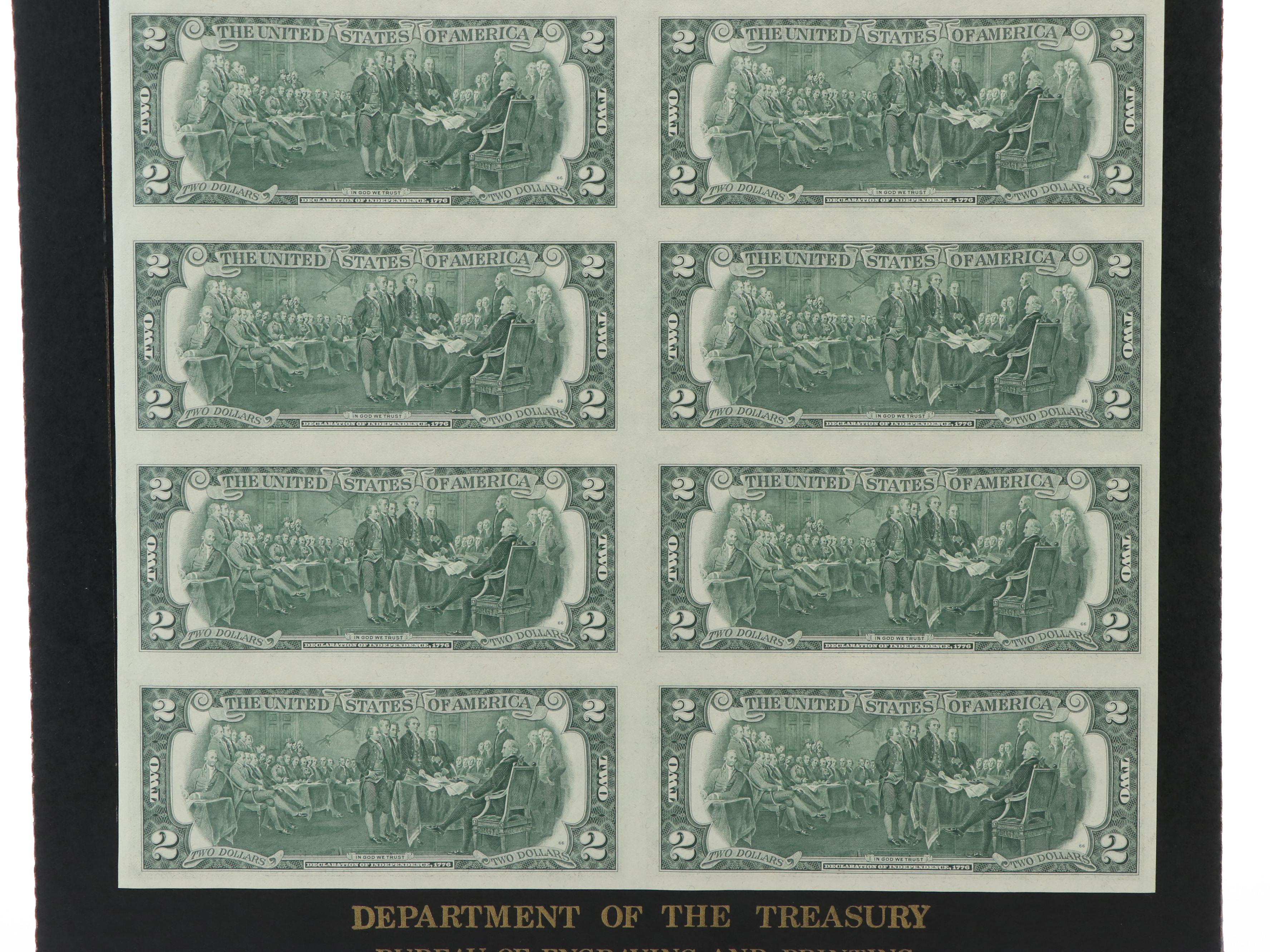 Uncut Sheet of Sixteen 1976 U.S. $2 Federal Reserve Star Notes