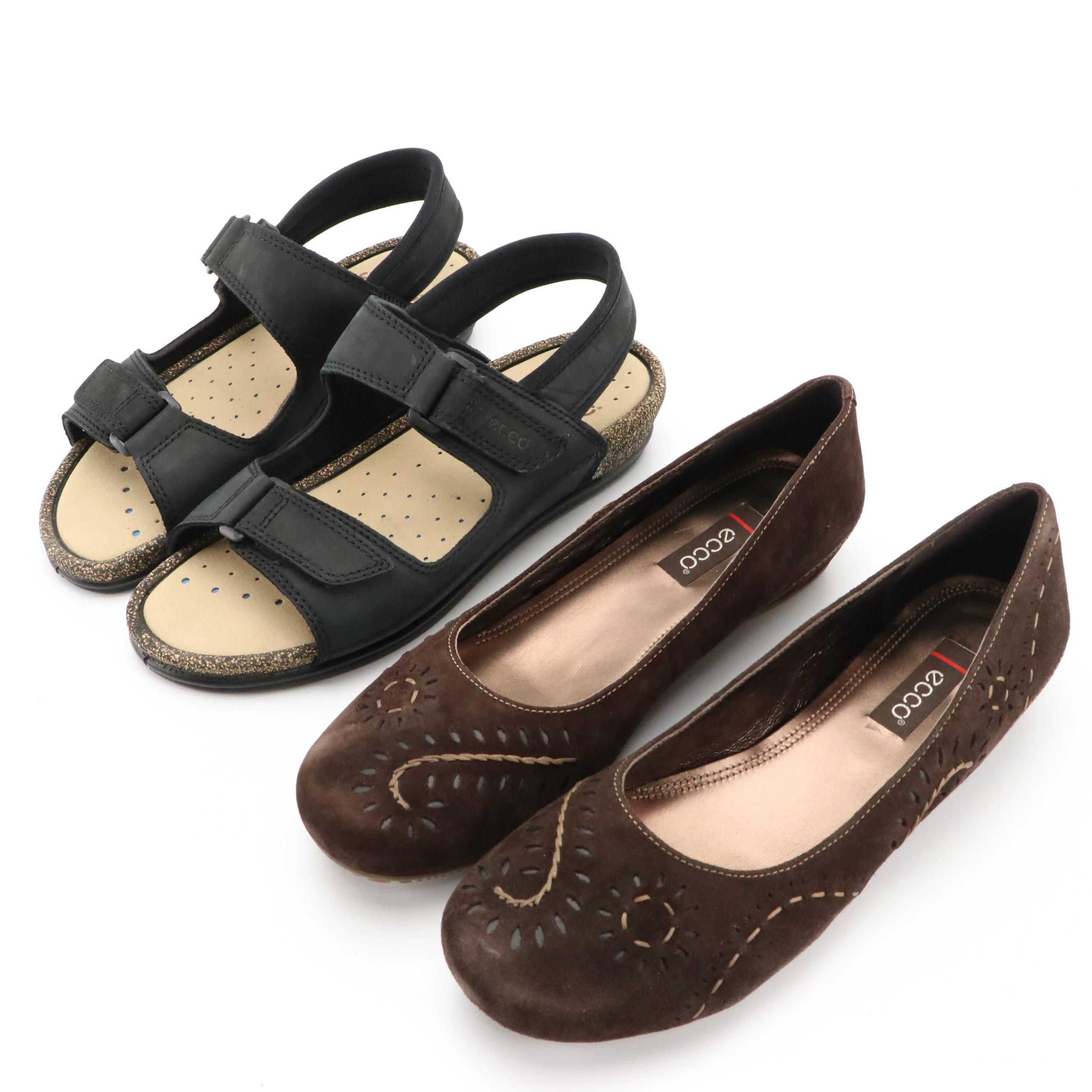 ECCO® Nubuck Cosmo II Sandals and Laser Cut Suede Flats with Boxes