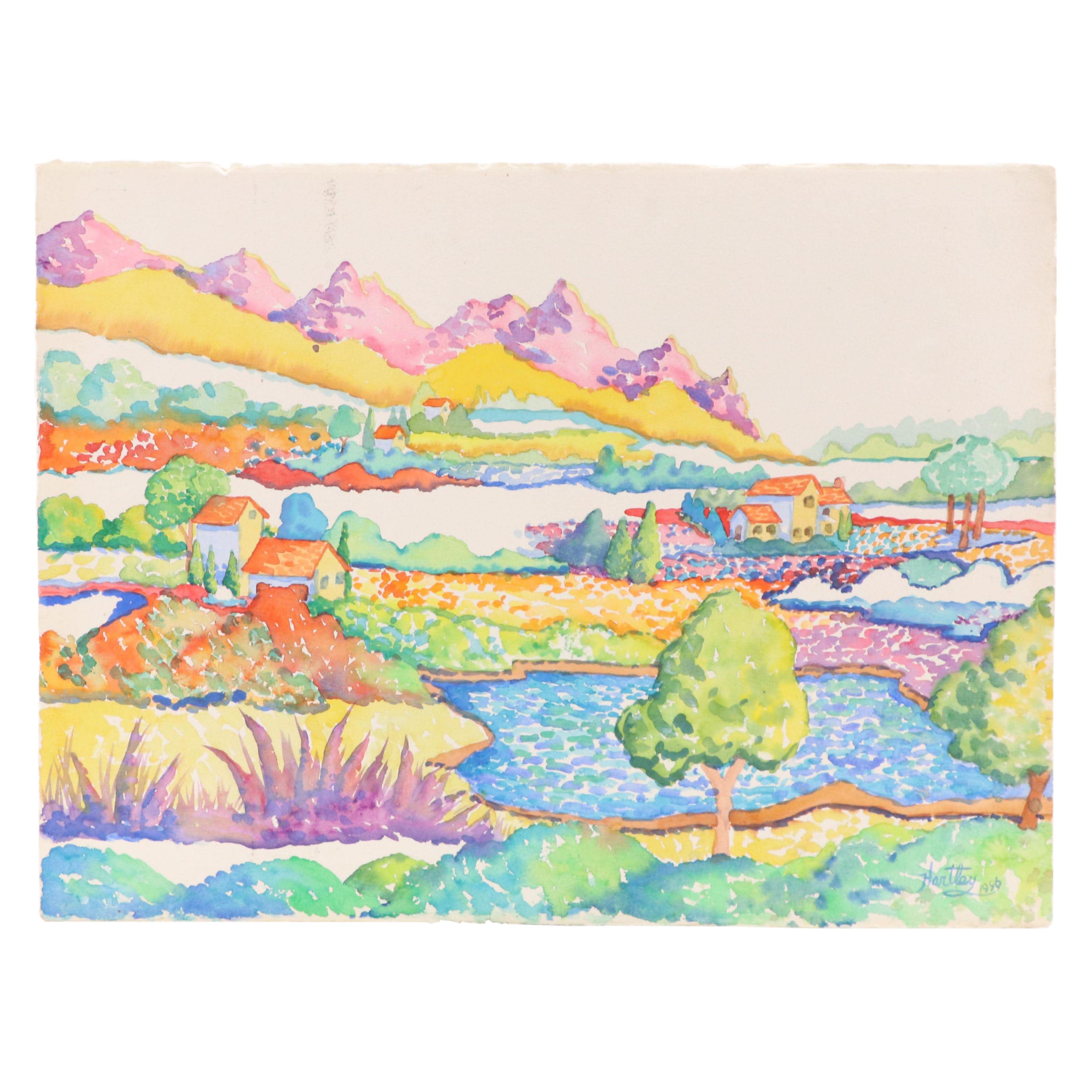 Bucolic Landscape Watercolor Painting, 1996