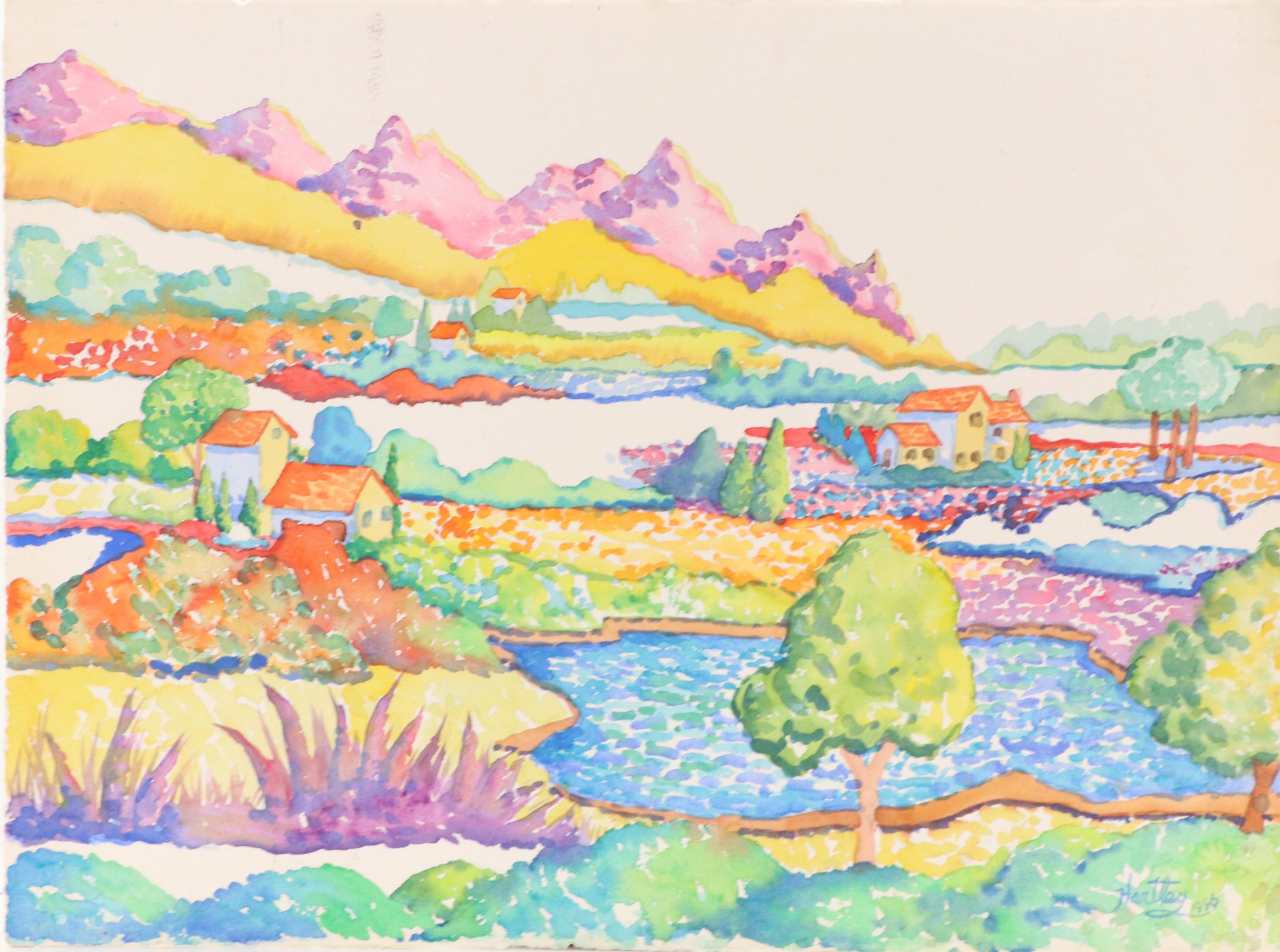 Bucolic Landscape Watercolor Painting, 1996