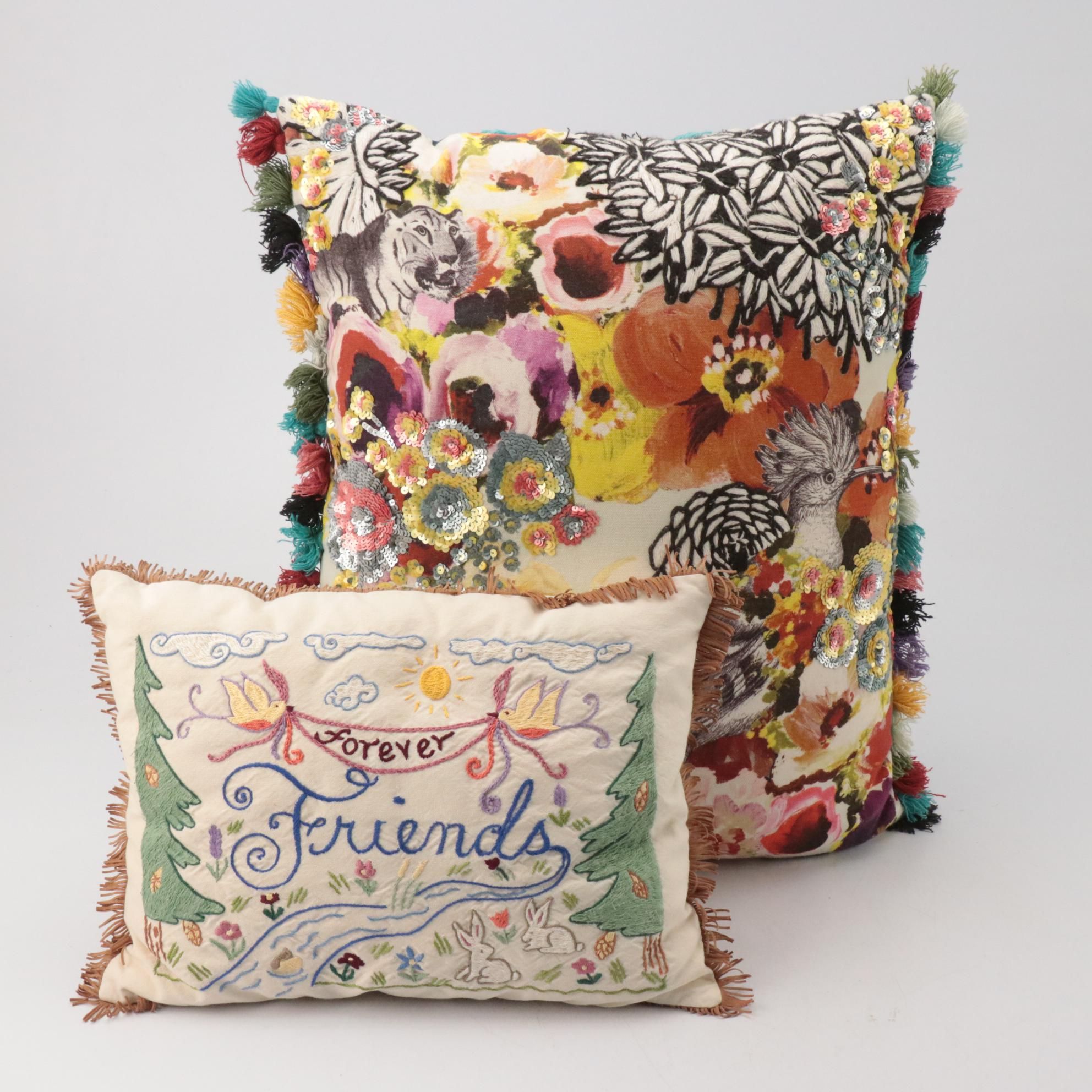 Sequin Embellished and Chain Stitch Embroidered Accent Pillows