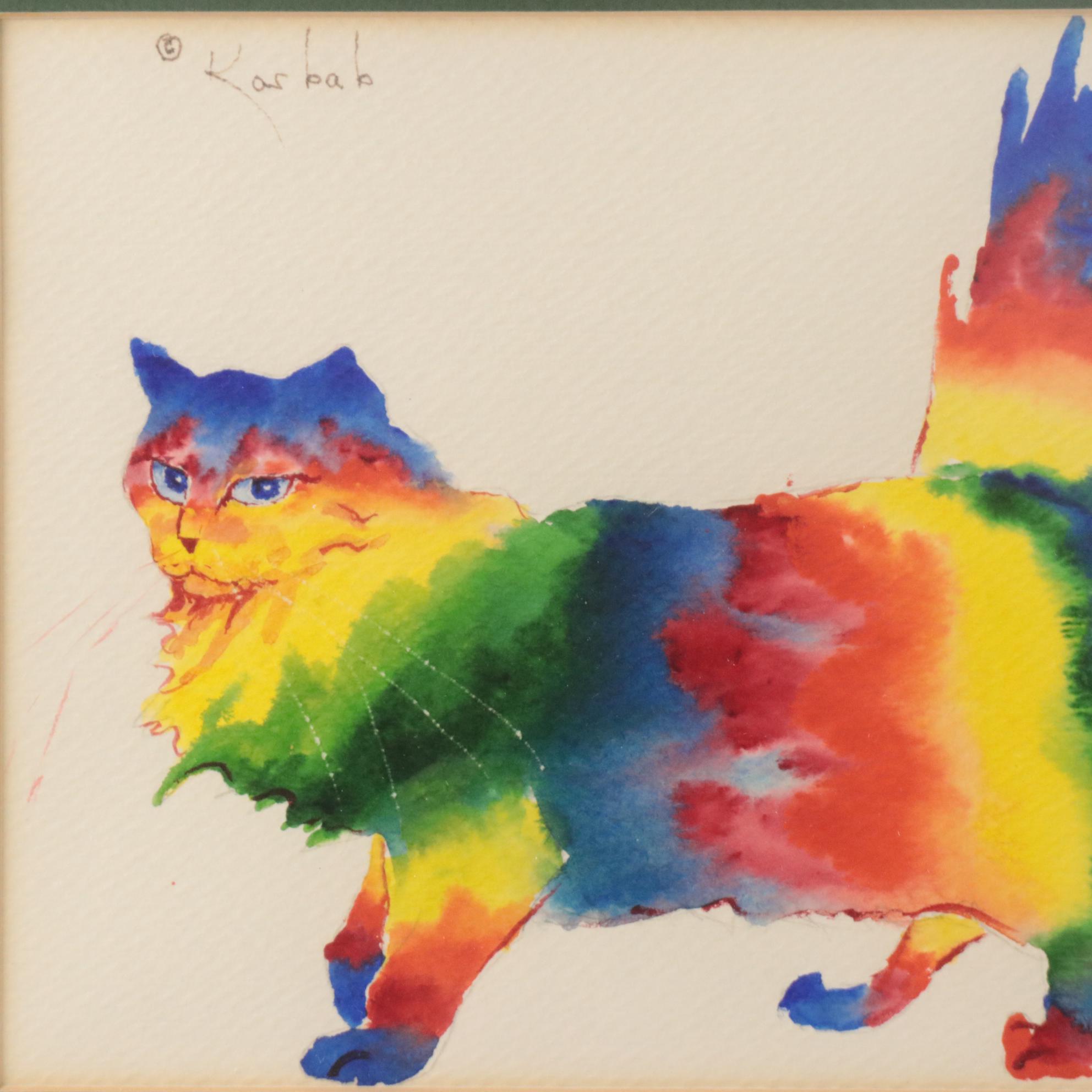 Kosbab Watercolor Painting of Fluffy Rainbow Cat, Circa 1980