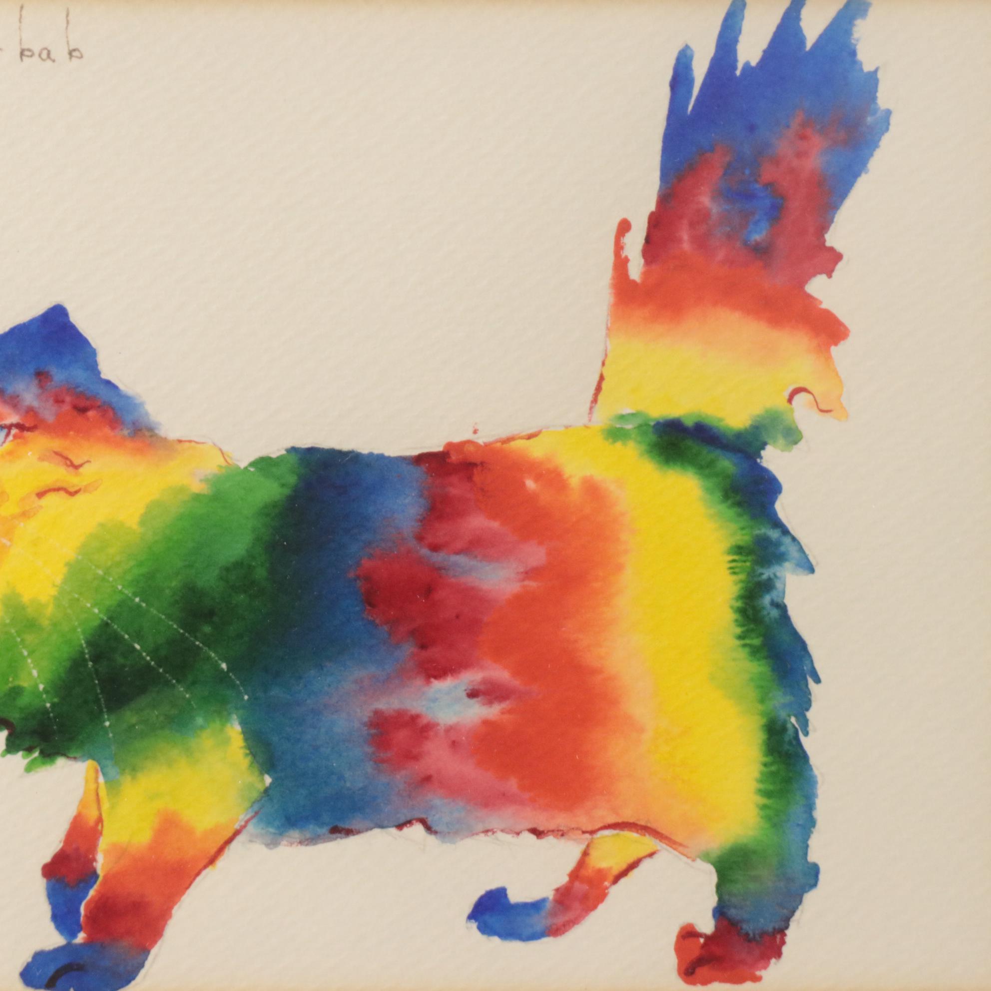 Kosbab Watercolor Painting of Fluffy Rainbow Cat, Circa 1980