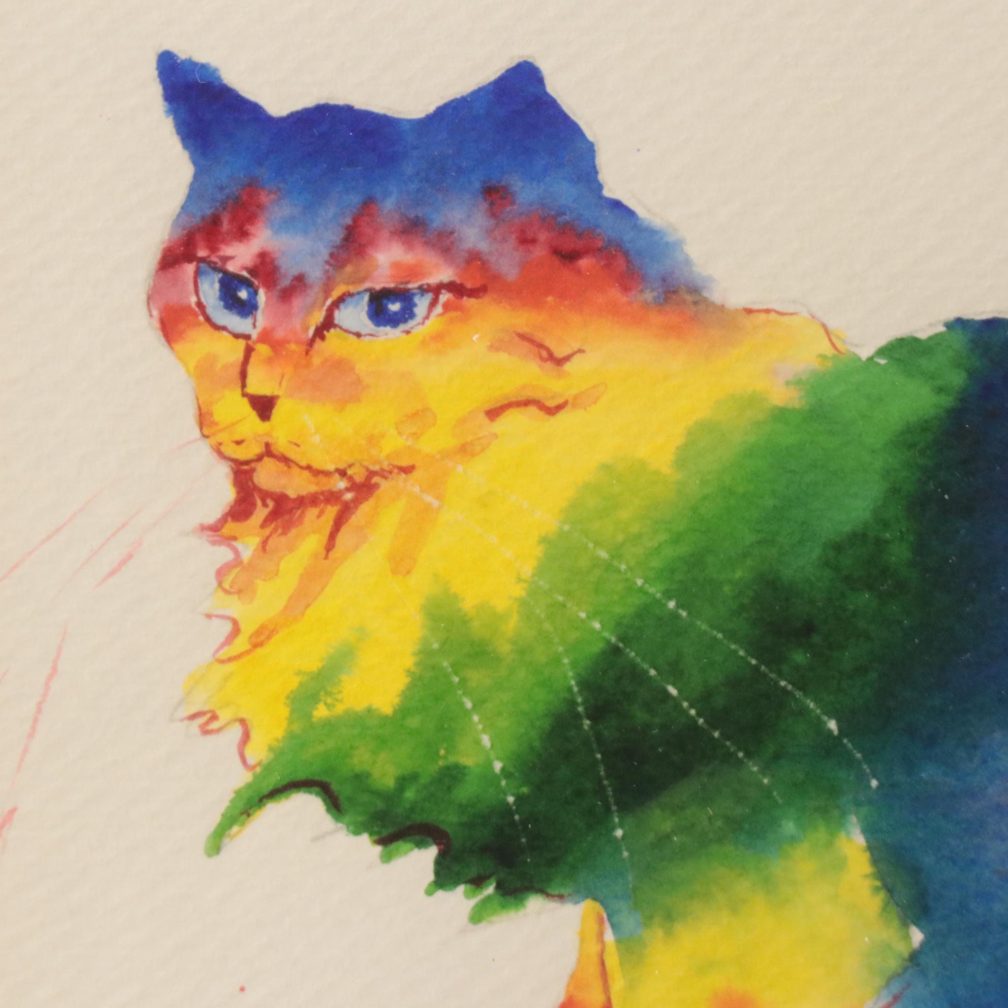 Kosbab Watercolor Painting of Fluffy Rainbow Cat, Circa 1980