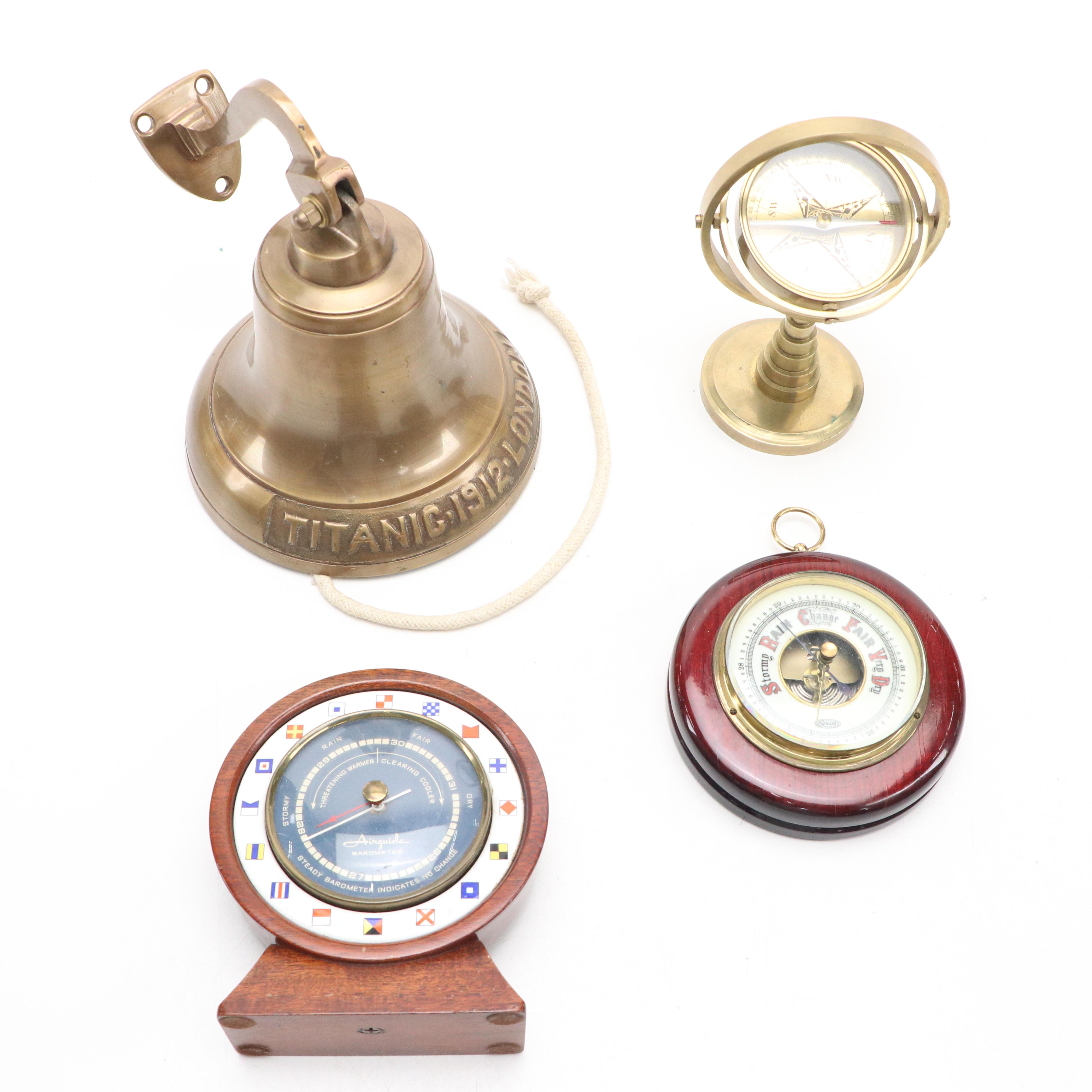 Bronze Wall-Mounted Titanic Replica Ship Bell with Desktop Compass & Barometers