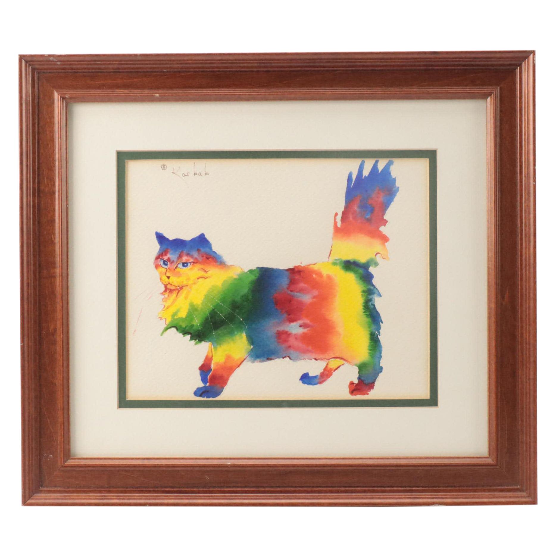 Kosbab Watercolor Painting of Fluffy Rainbow Cat, Circa 1980