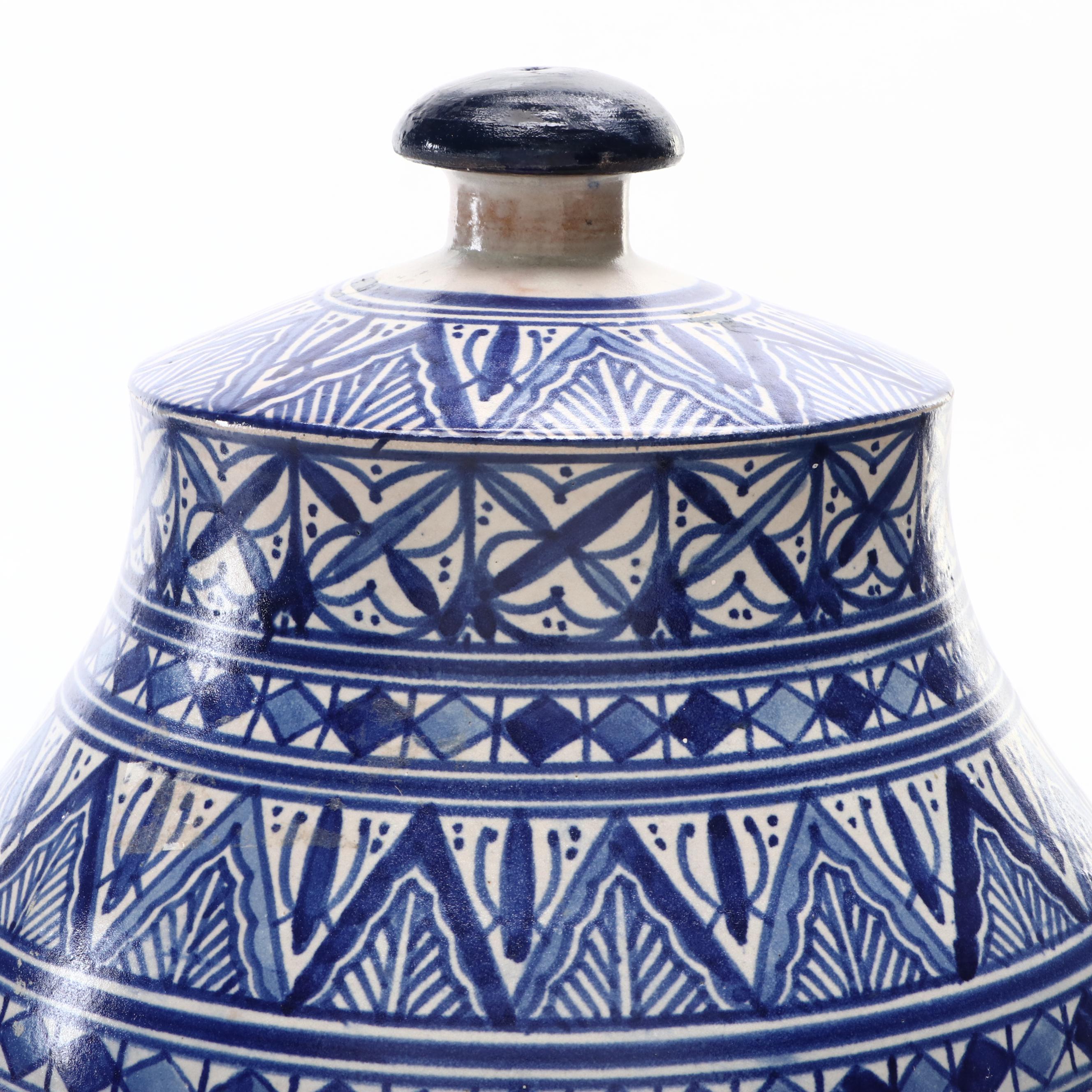 Mediterranean Blue and White Earthenware Pottery Lidded Jar