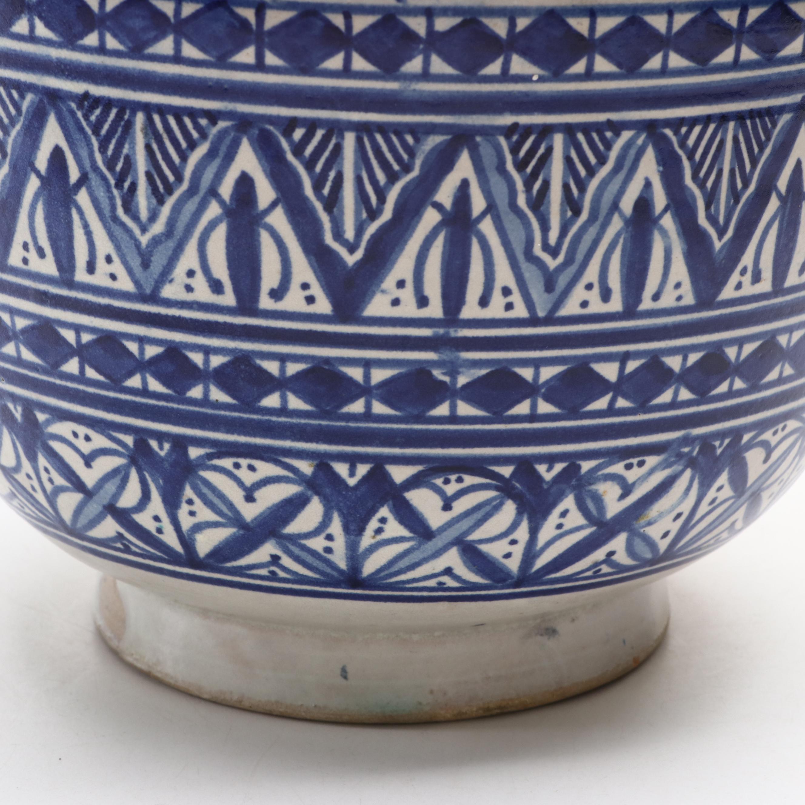 Mediterranean Blue and White Earthenware Pottery Lidded Jar
