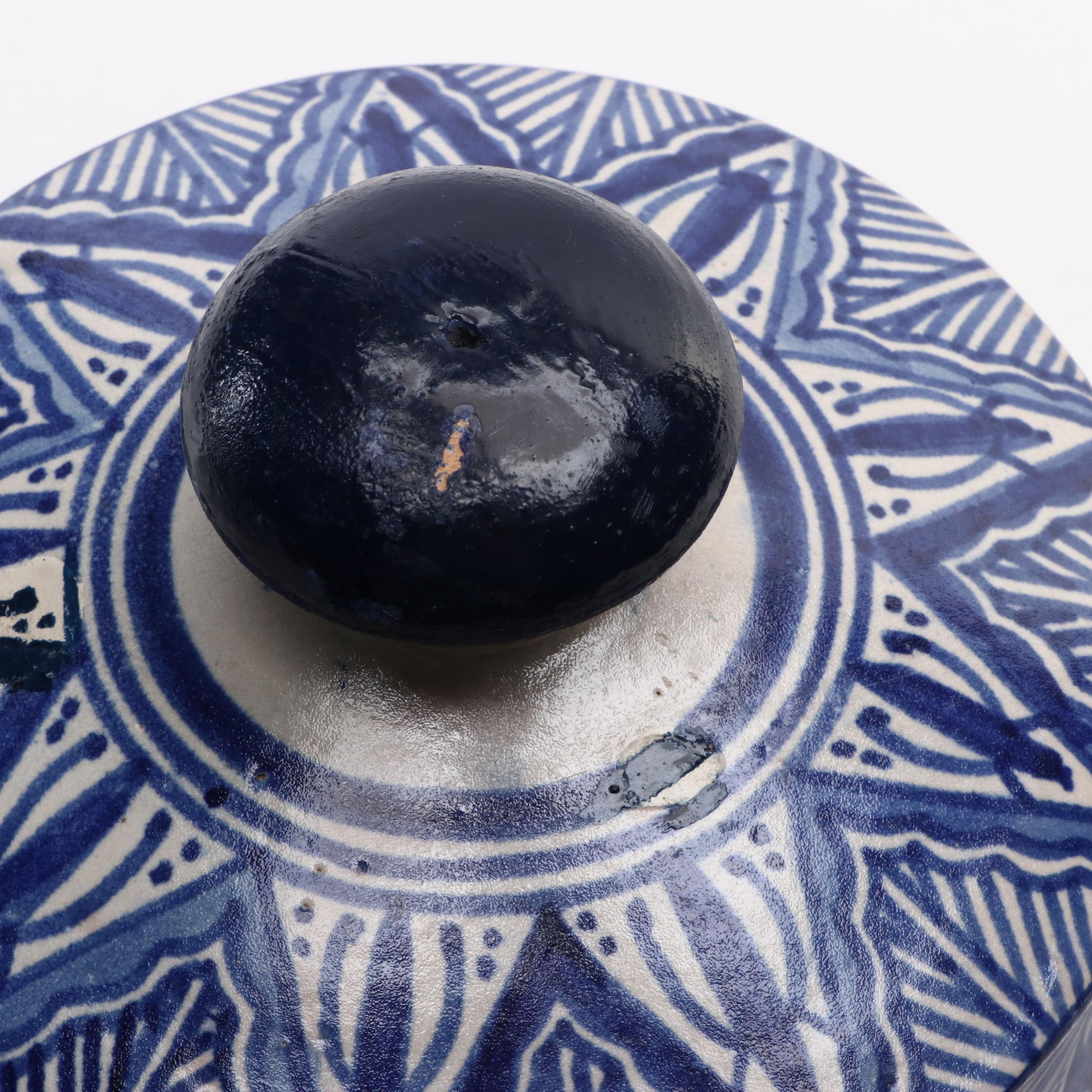 Mediterranean Blue and White Earthenware Pottery Lidded Jar