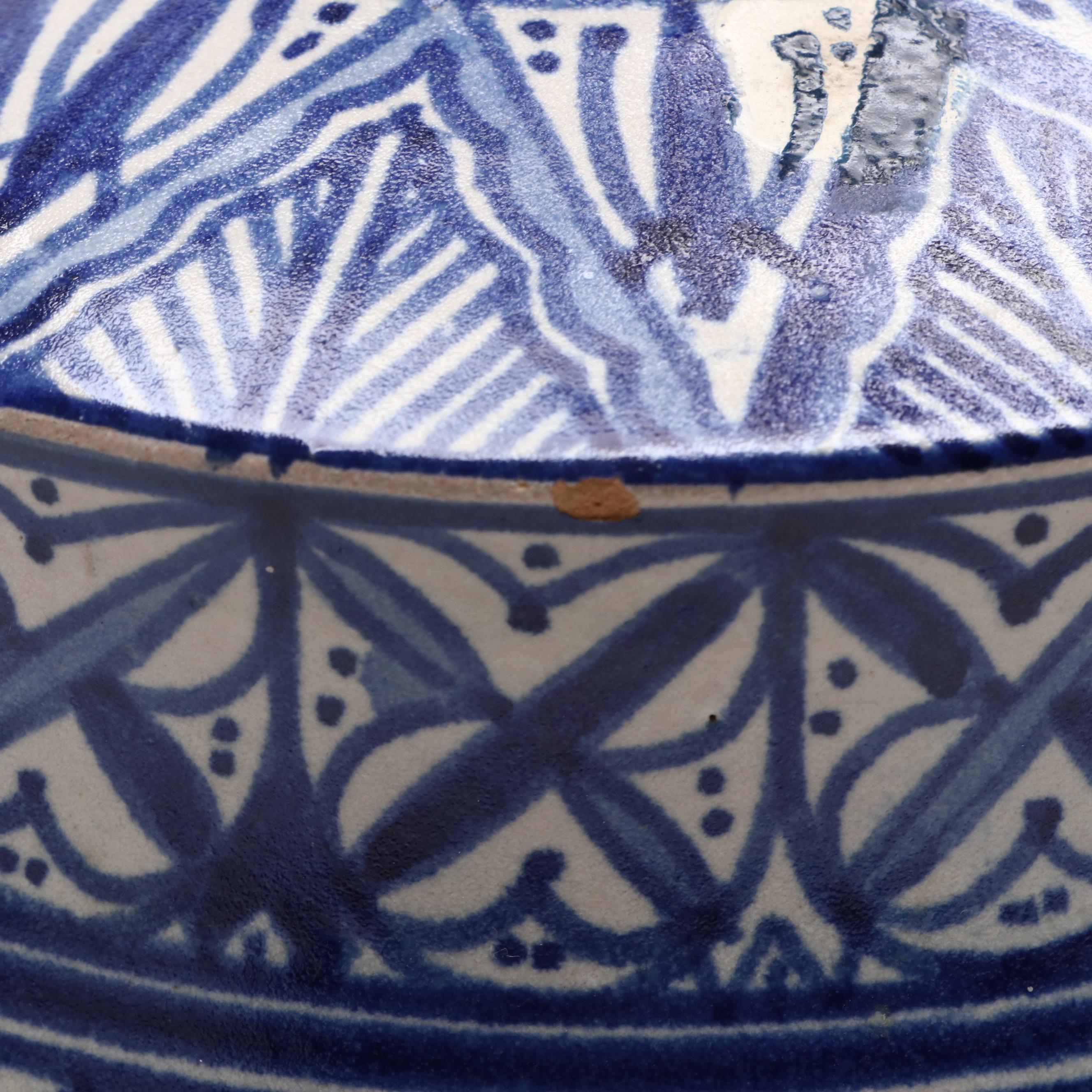 Mediterranean Blue and White Earthenware Pottery Lidded Jar