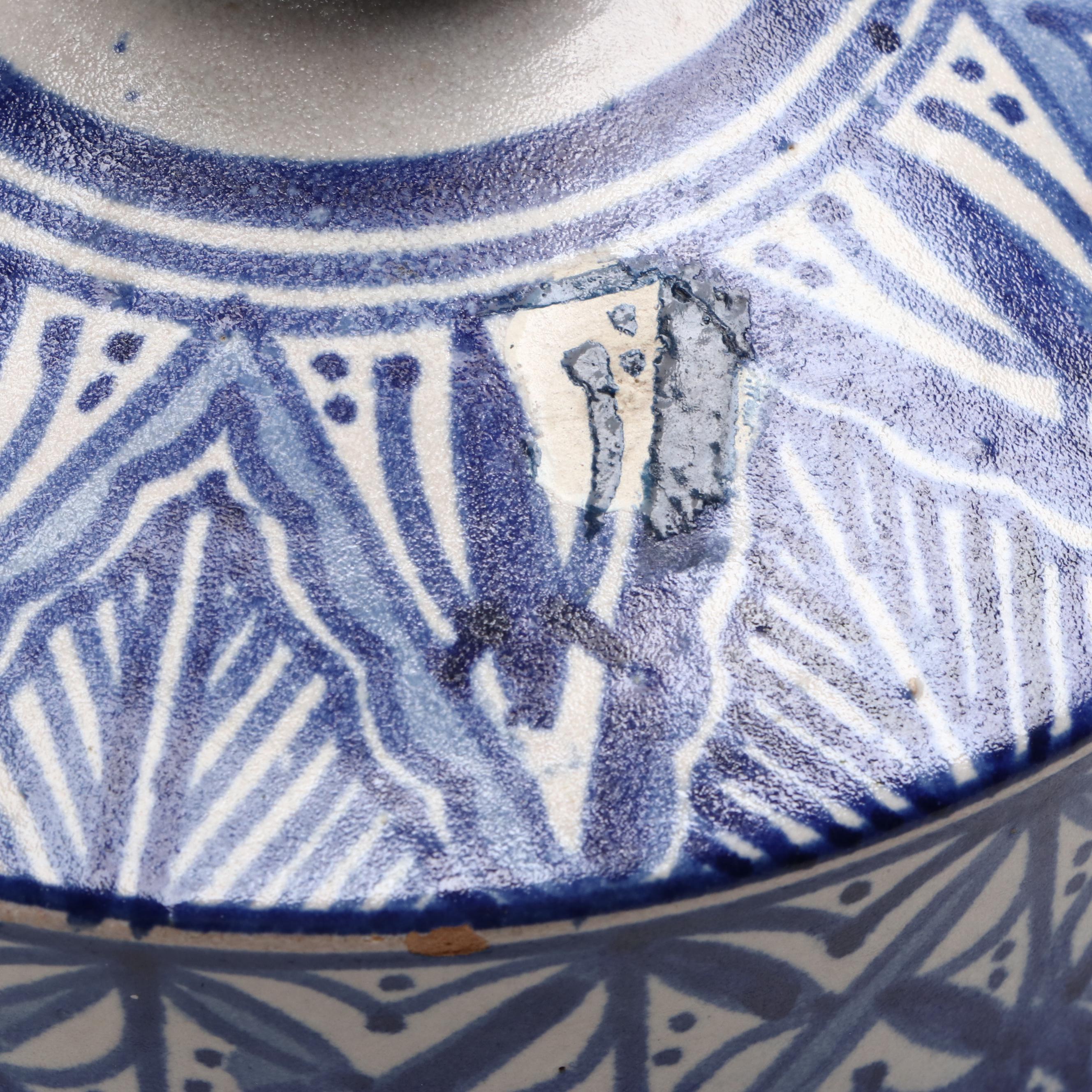 Mediterranean Blue and White Earthenware Pottery Lidded Jar